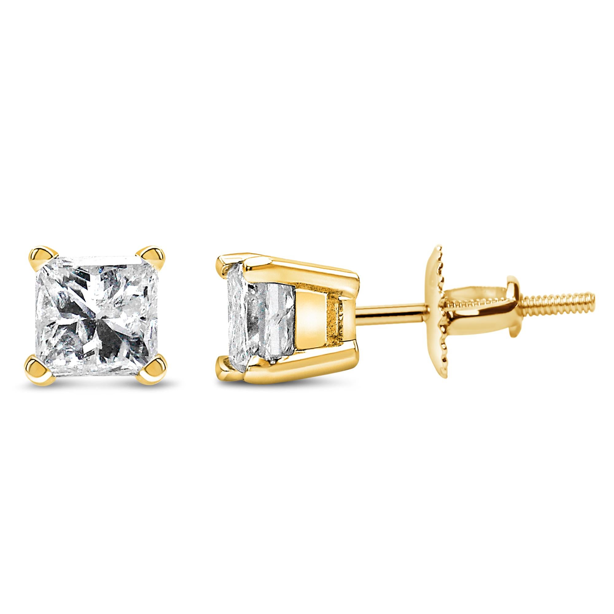 For an exceptional glamorous look, slip into this pair of diamond solitaire stud earrings. These sparkling earrings feature a matched pair of princess cut diamonds cradled in classic prong settings in collaboration with genuine 14k yellow gold.