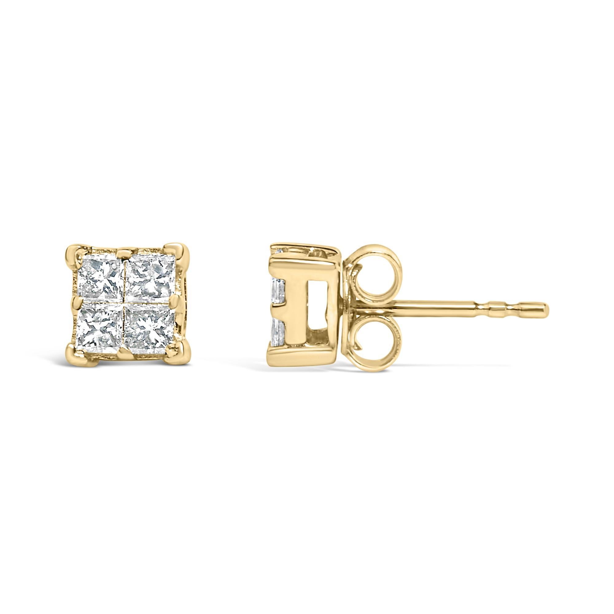 14K Yellow Gold 1/2 Cttw Princess Diamond Composite Square Stud Earring Moderno en venta