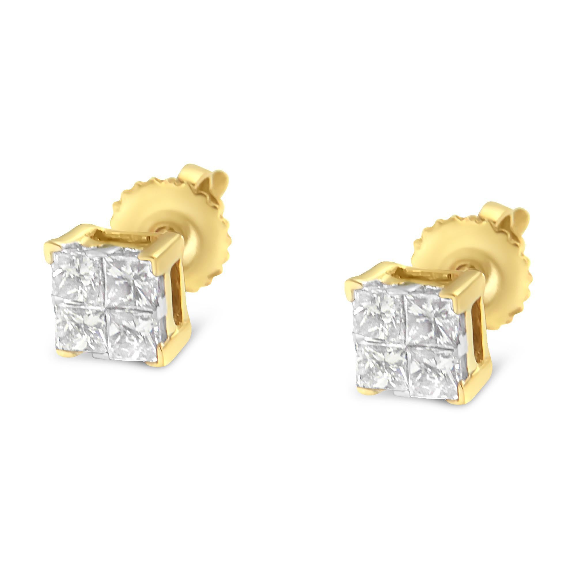 14K Yellow Gold 1/2 Cttw Princess Diamond Composite Square Stud Earring Corte princesa en venta