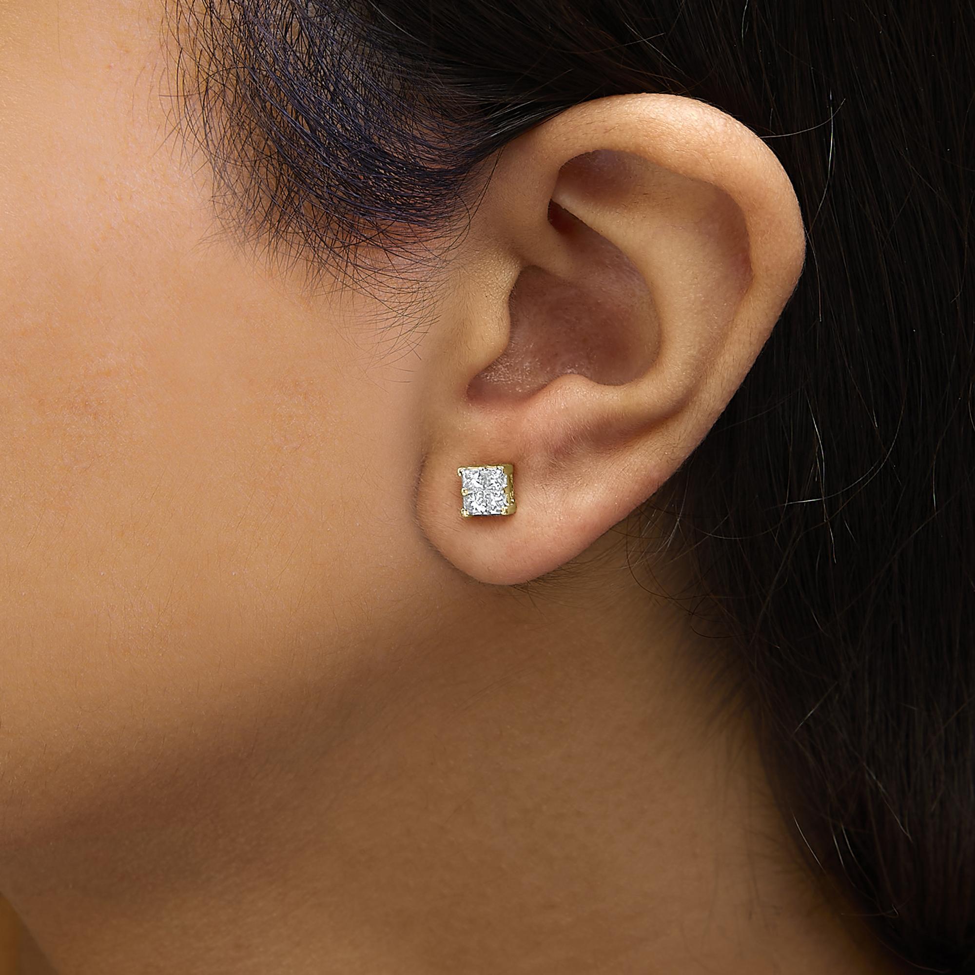 14K Yellow Gold 1/2 Cttw Princess Diamond Composite Square Stud Earring en Nuevo estado para la venta en New York, NY