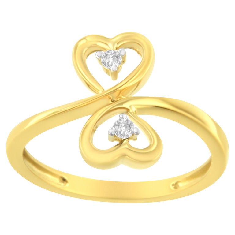 14K Yellow Gold 1/20 Carat Dual Heart Diamond Ring For Sale at 1stDibs