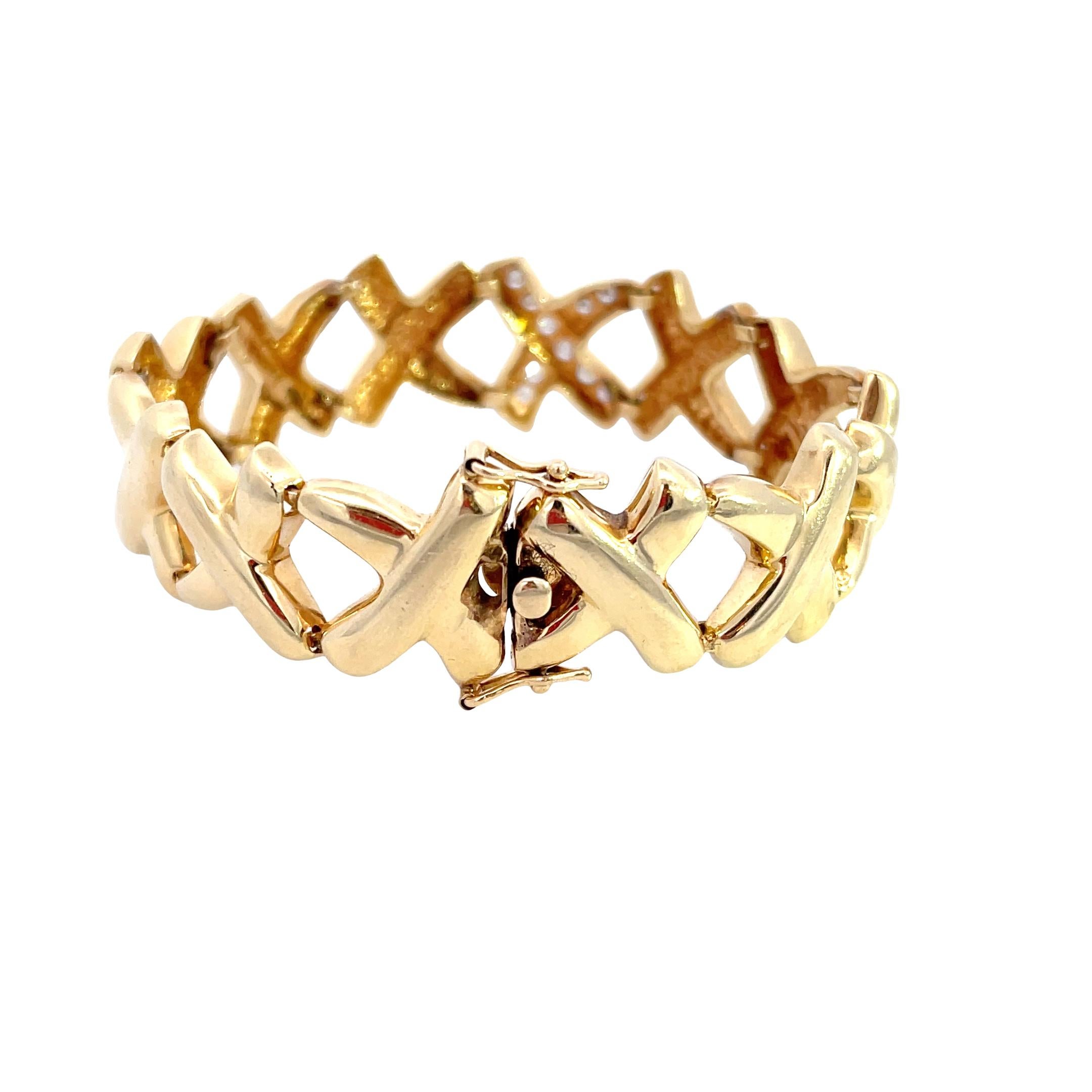 Art Deco 14K Yellow Gold 1/2ctw Diamond X Bracelet For Sale