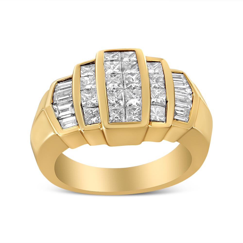 A captivating geometric motif sets the stage for endless elegance in this stunning diamond step up cocktail ring for her. At the center sits ten white princess-cut diamonds, flanked by four additional princess-cut diamonds on either side, all in