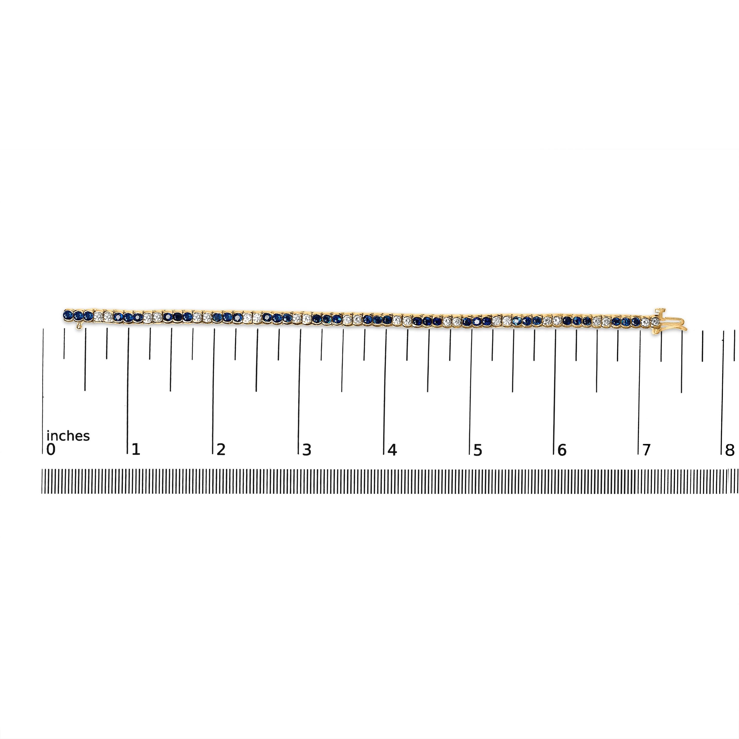 Round Cut 14K Yellow Gold 1 3/4 Cttw Diamond and 5.0 Cttw Blue Sapphire Tennis Bracelet For Sale