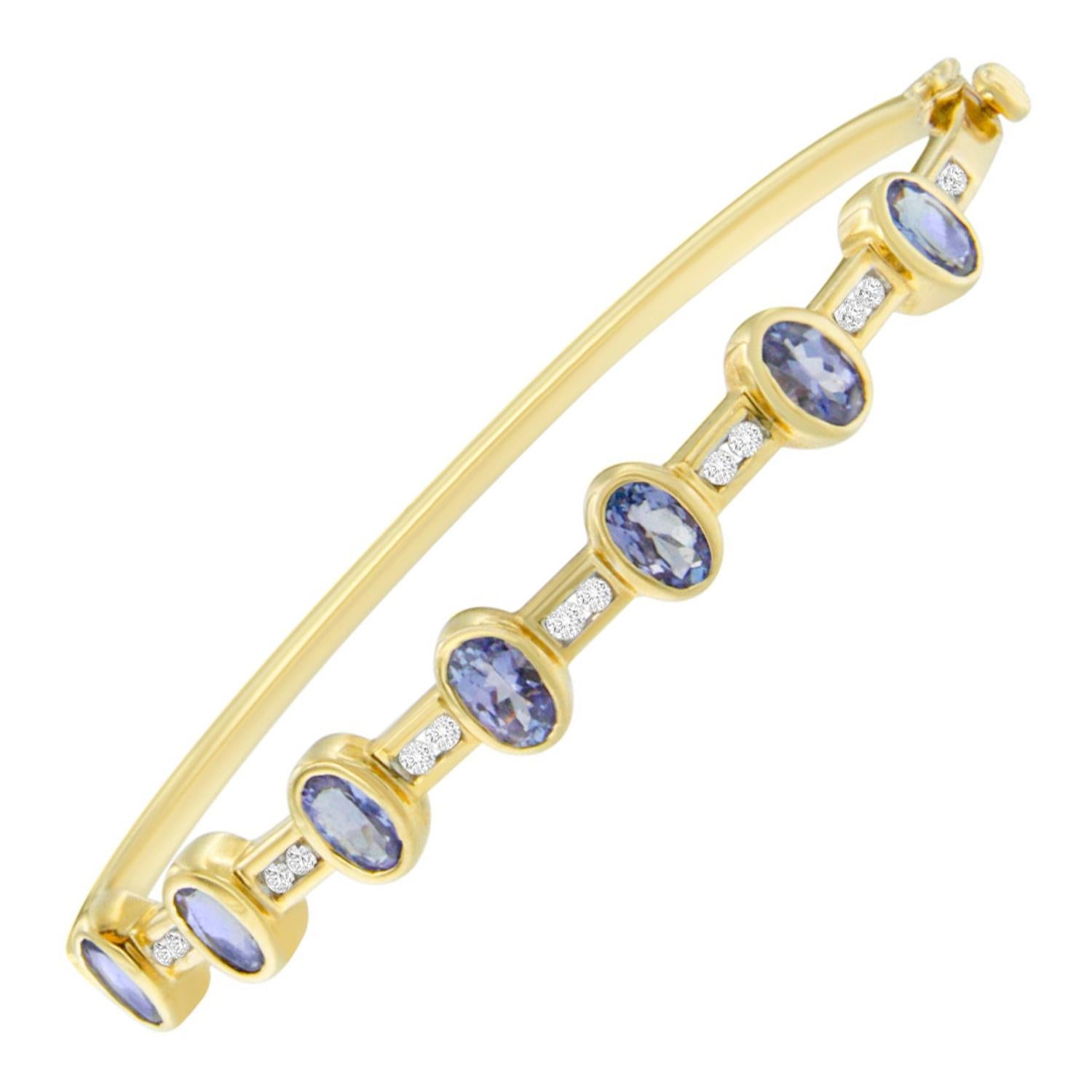 14K Yellow Gold 1/3 Carat Diamond and Blue Oval Tanzanite Bangle Bracelet