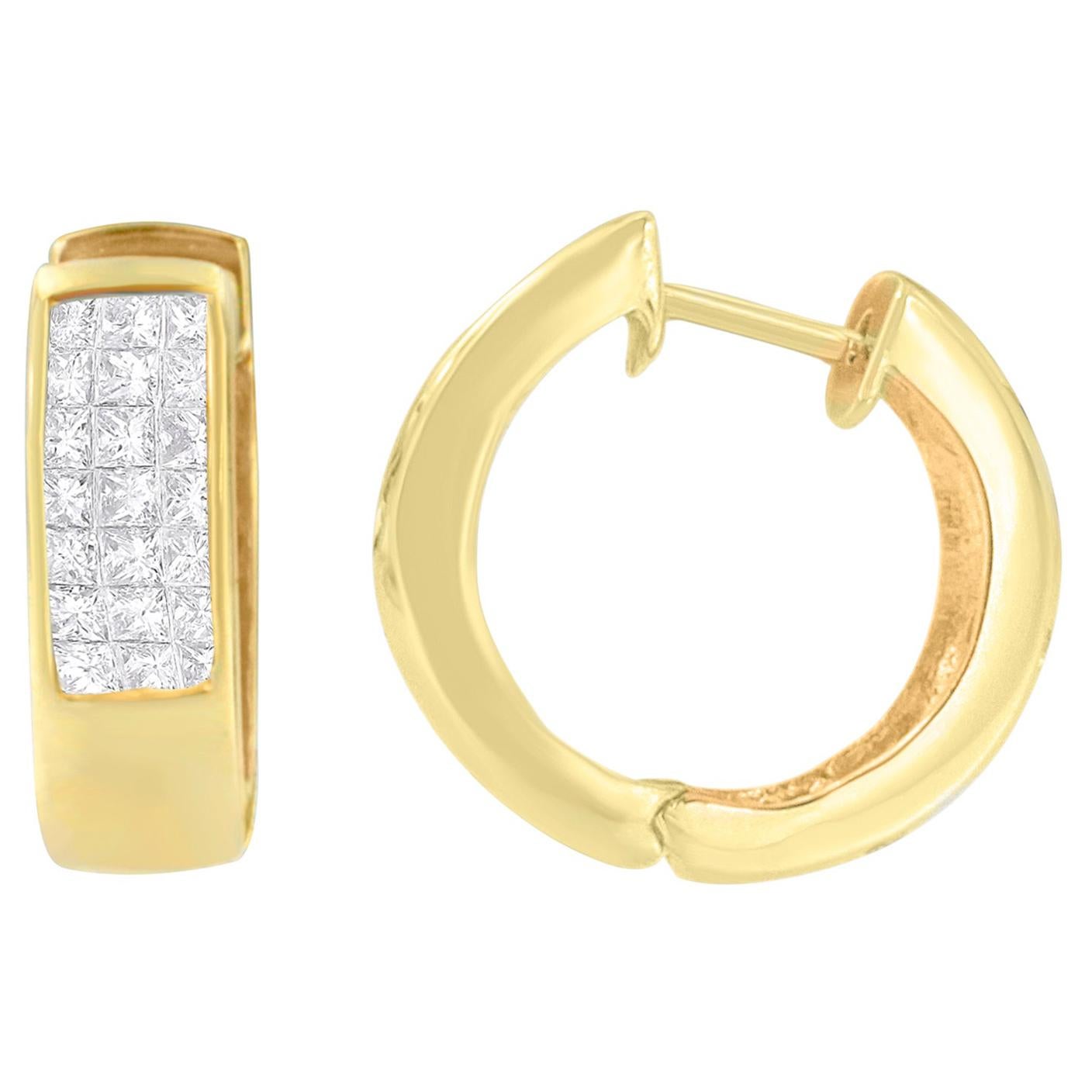 14K Yellow Gold 1/3 Carat Diamond Hoop Earrings For Sale