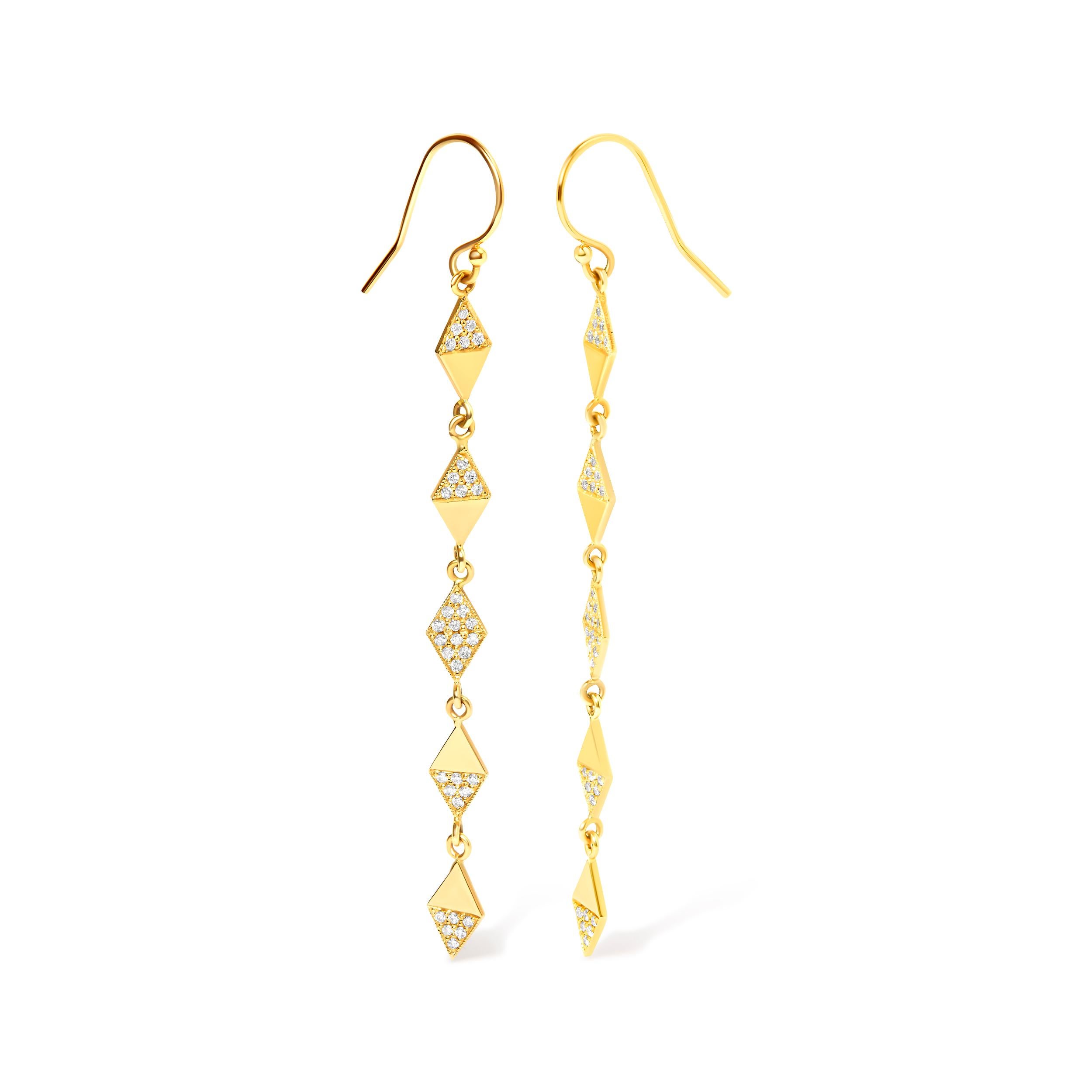 Modern 14K Yellow Gold 1/3 Carat Diamond Studded Kite Drop and Dangle Earrings For Sale