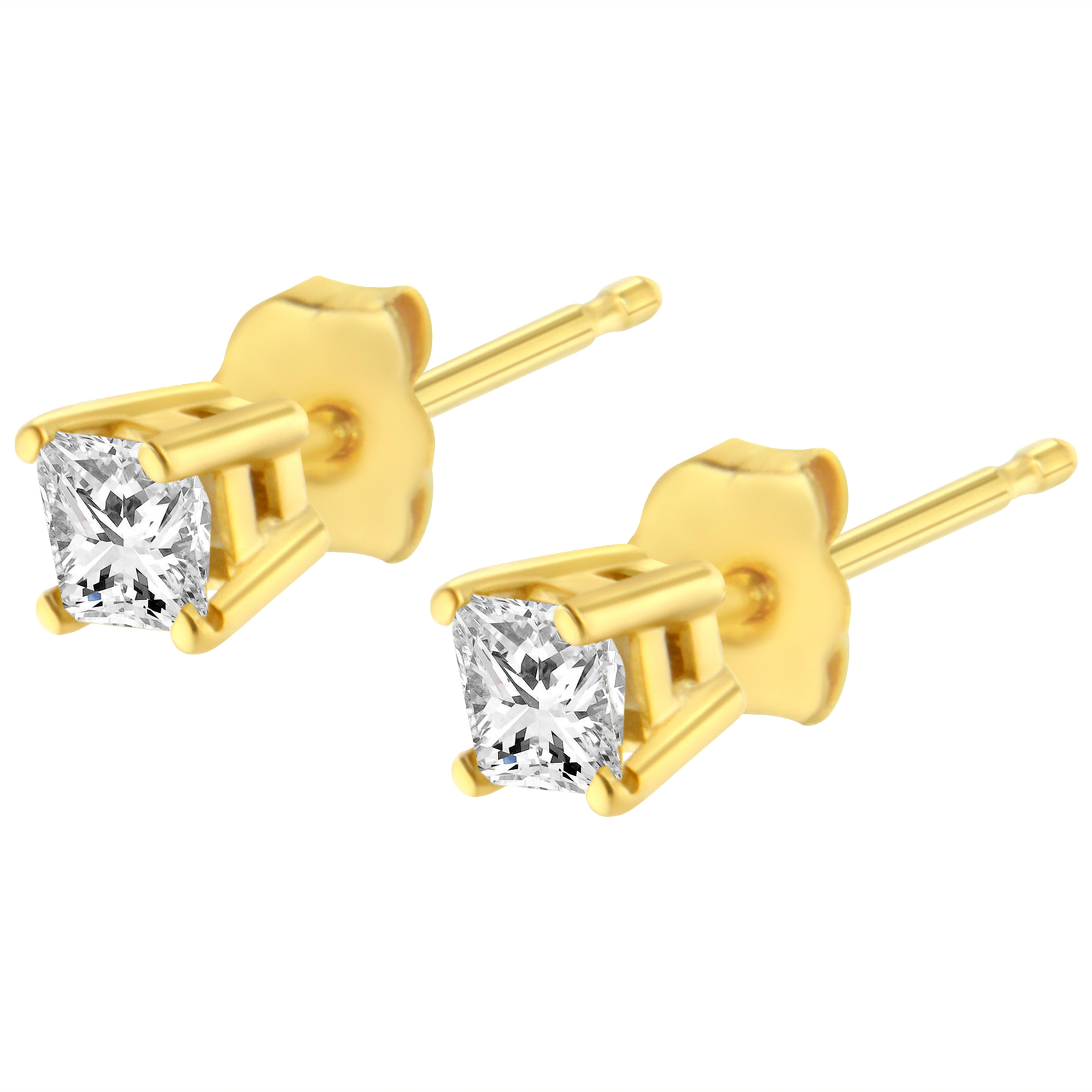 Princess Cut 14K Yellow Gold 1/3 Carat Square Diamond Classic Solitaire Stud Earrings For Sale