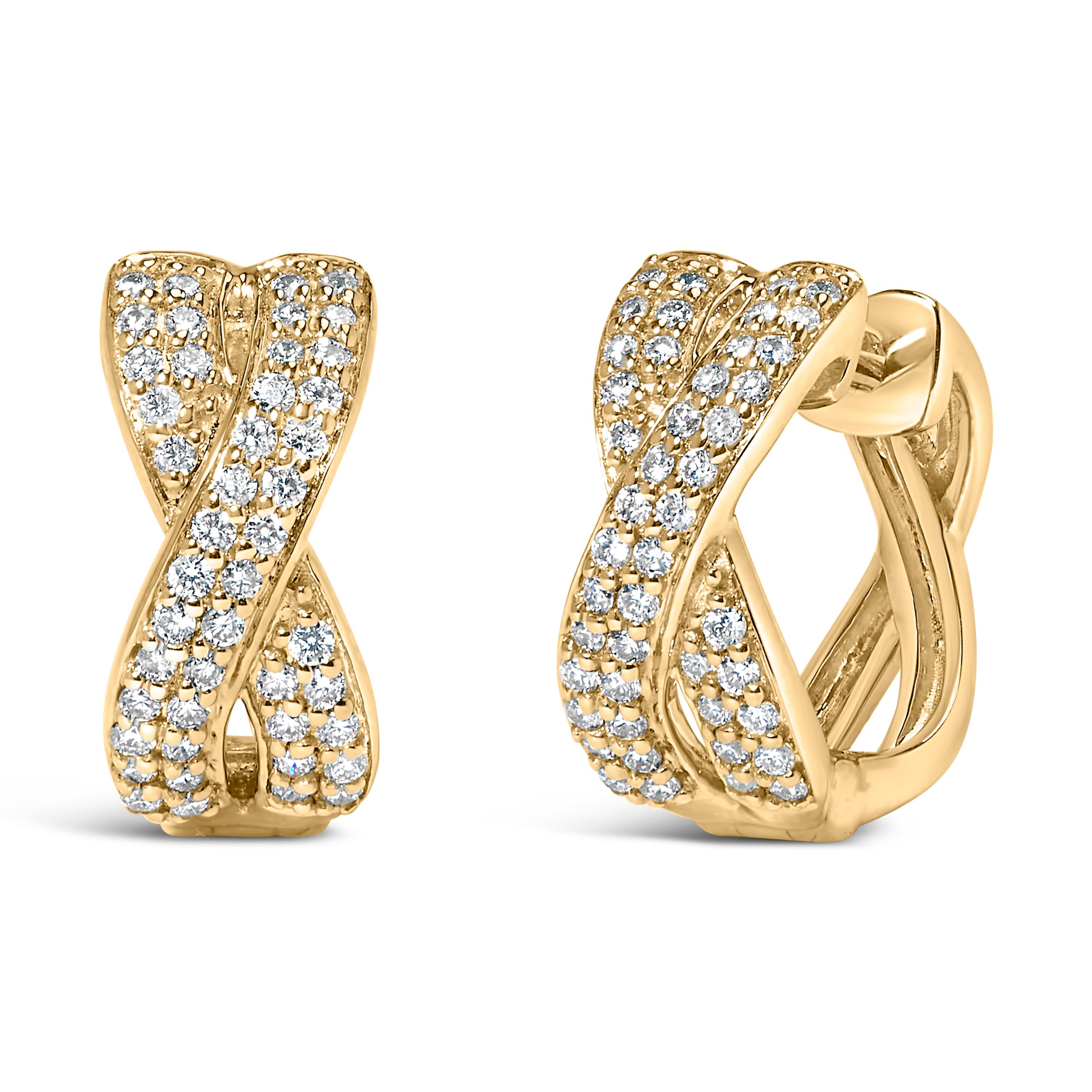 Discover the radiant elegance of these exquisite 14K yellow gold earrings, designed to cherish for a lifetime. Each hoop gracefully criss-crosses in a dance of dazzling brilliance, adorned with natural pave-set diamonds that catch the light with