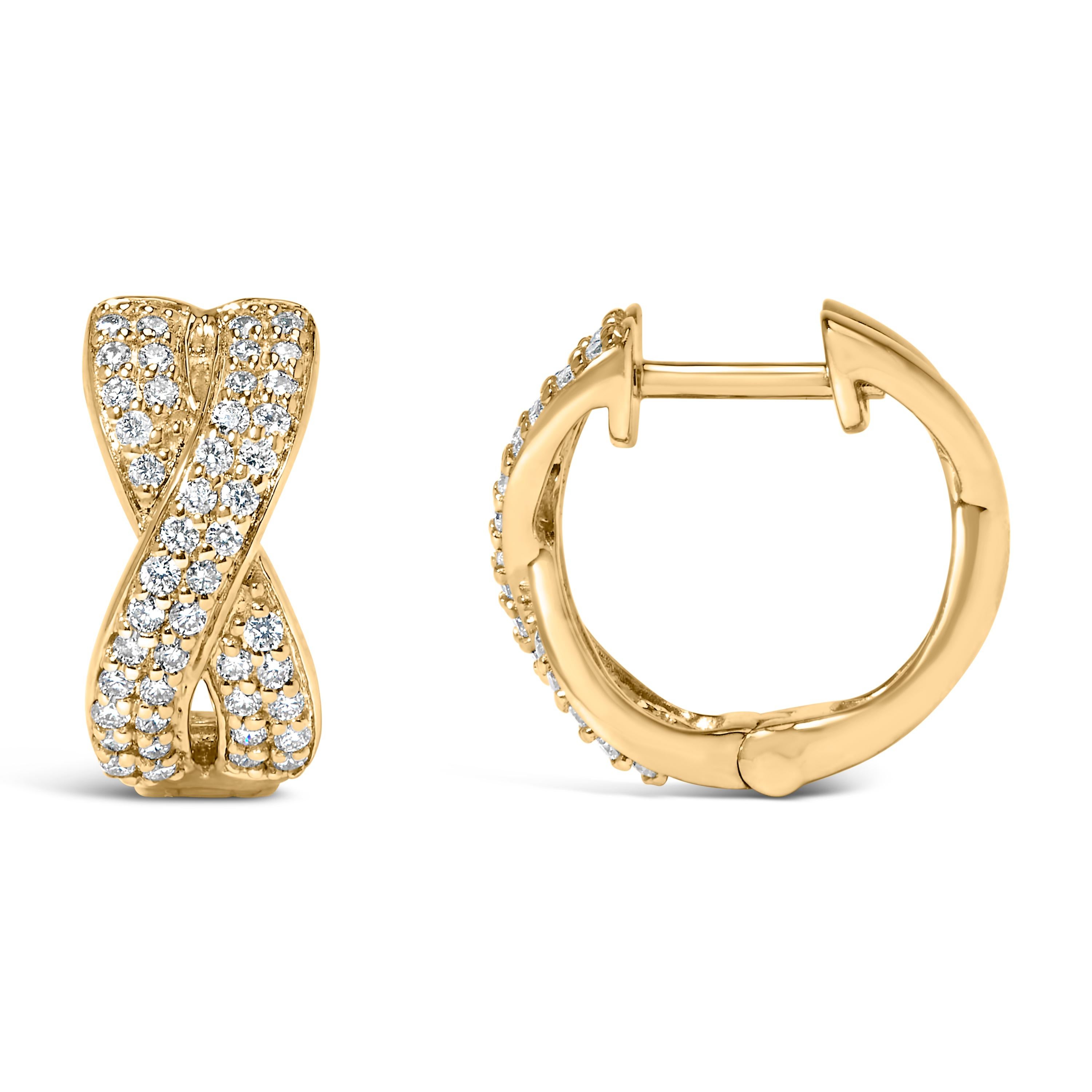 Modern 14K Yellow Gold 1/3 Cttw Diamond Criss Cross Huggie Hoop Earrings For Sale