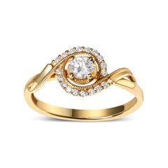 14K Yellow Gold 1/3 Cttw Diamond Solitaire and Halo Swirl Engagement Ring