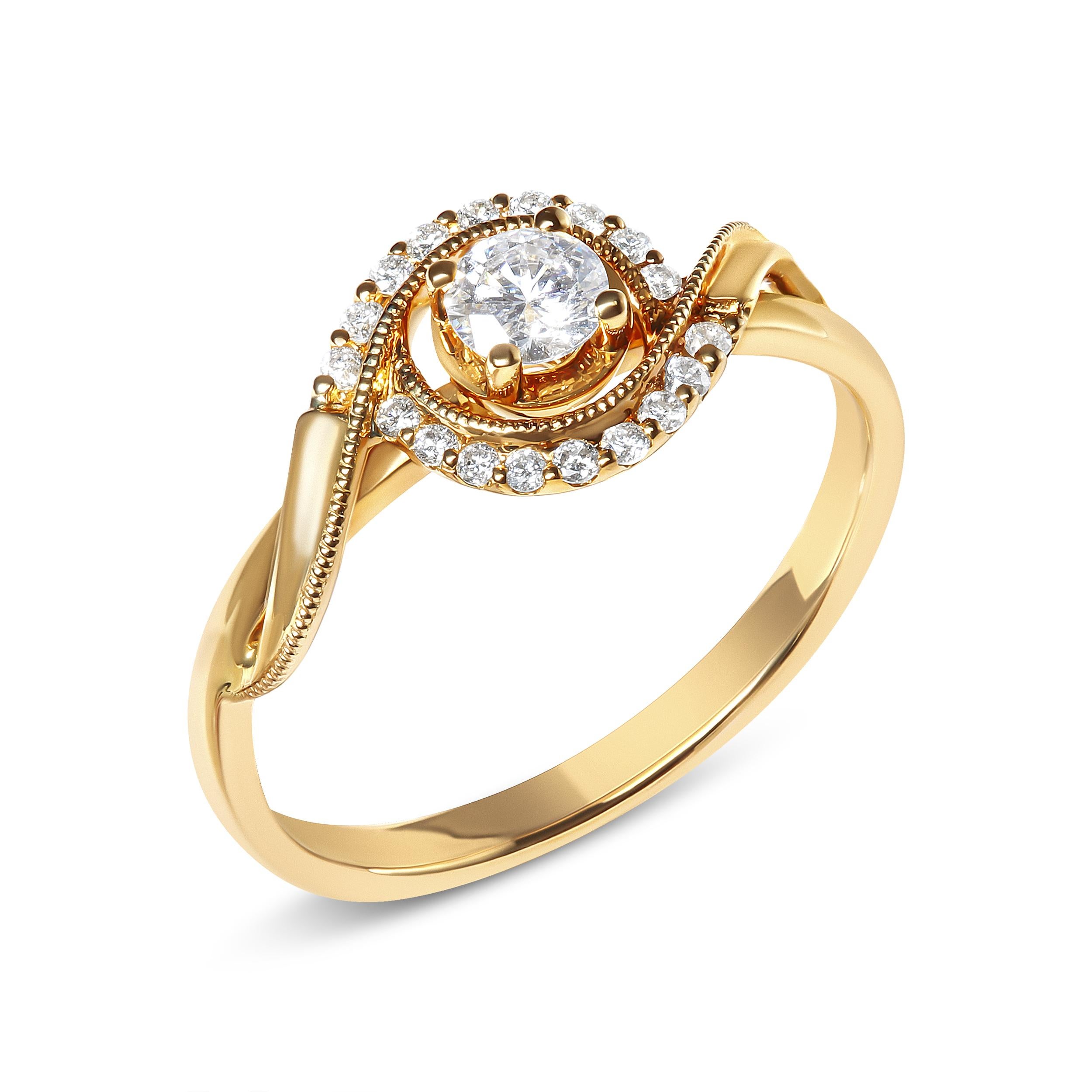 Moderne Bague de fiançailles en or jaune 14 carats, diamant solitaire et halo tourbillonnant de 1/3 carat en vente
