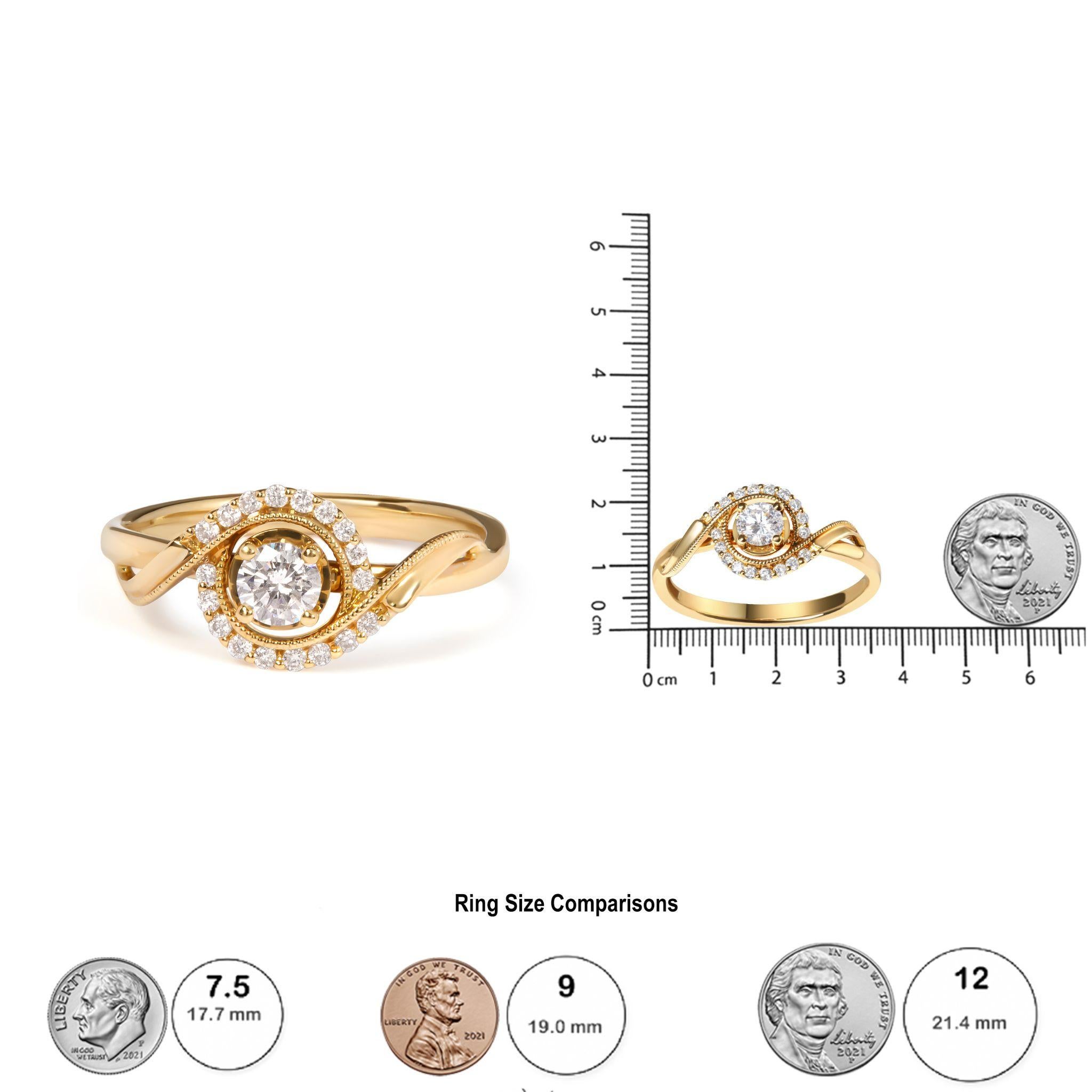 Taille ronde Bague de fiançailles en or jaune 14 carats, diamant solitaire et halo tourbillonnant de 1/3 carat en vente