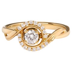 Bague de fiançailles en or jaune 14 carats, diamant solitaire et halo tourbillonnant de 1/3 carat