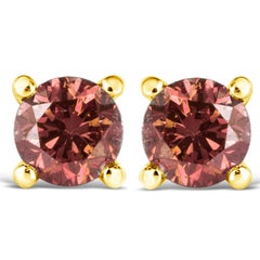 14K Yellow Gold 1/3 Cttw Round Brilliant-Cut Pink Diamond Solitaire Stud Earring