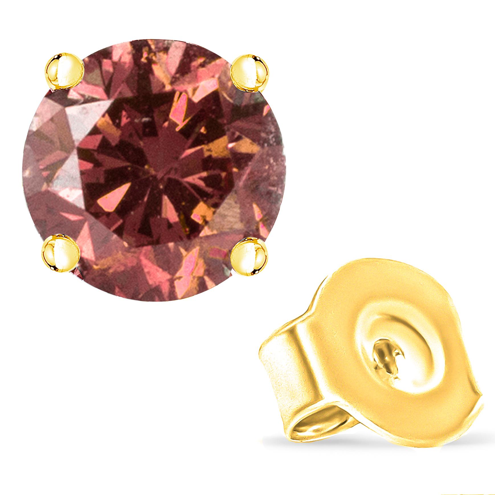 Contemporary 14K Yellow Gold 1/3 Cttw Round Brilliant-Cut Pink Diamond Solitaire Stud Earring For Sale