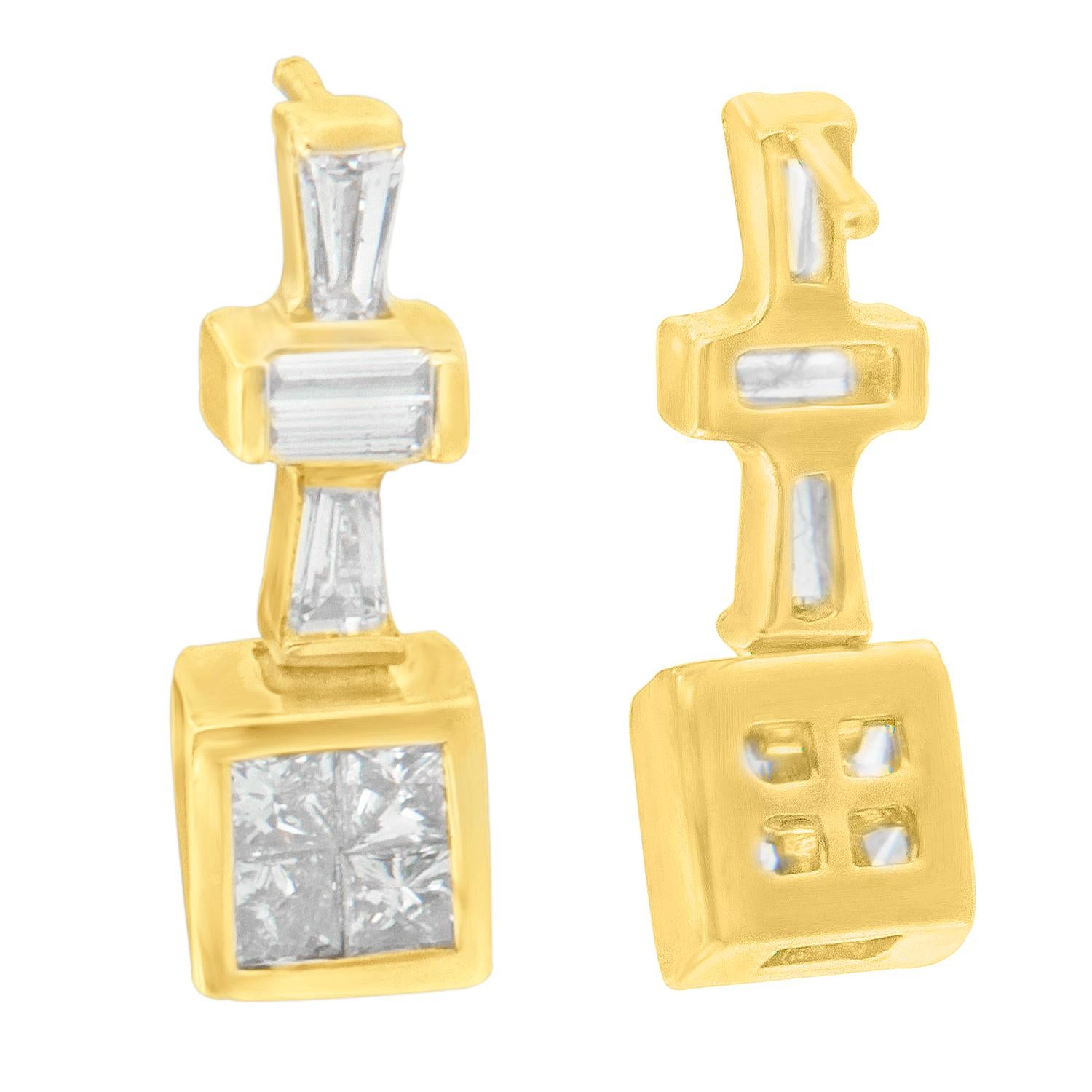 These unique 14k yellow gold and diamond earrings will be all the talk.  A combination of baguette and princess cut diamonds are channel set in a design of boxes and flared rectangles. These highly polished beauties are secured with push backs.