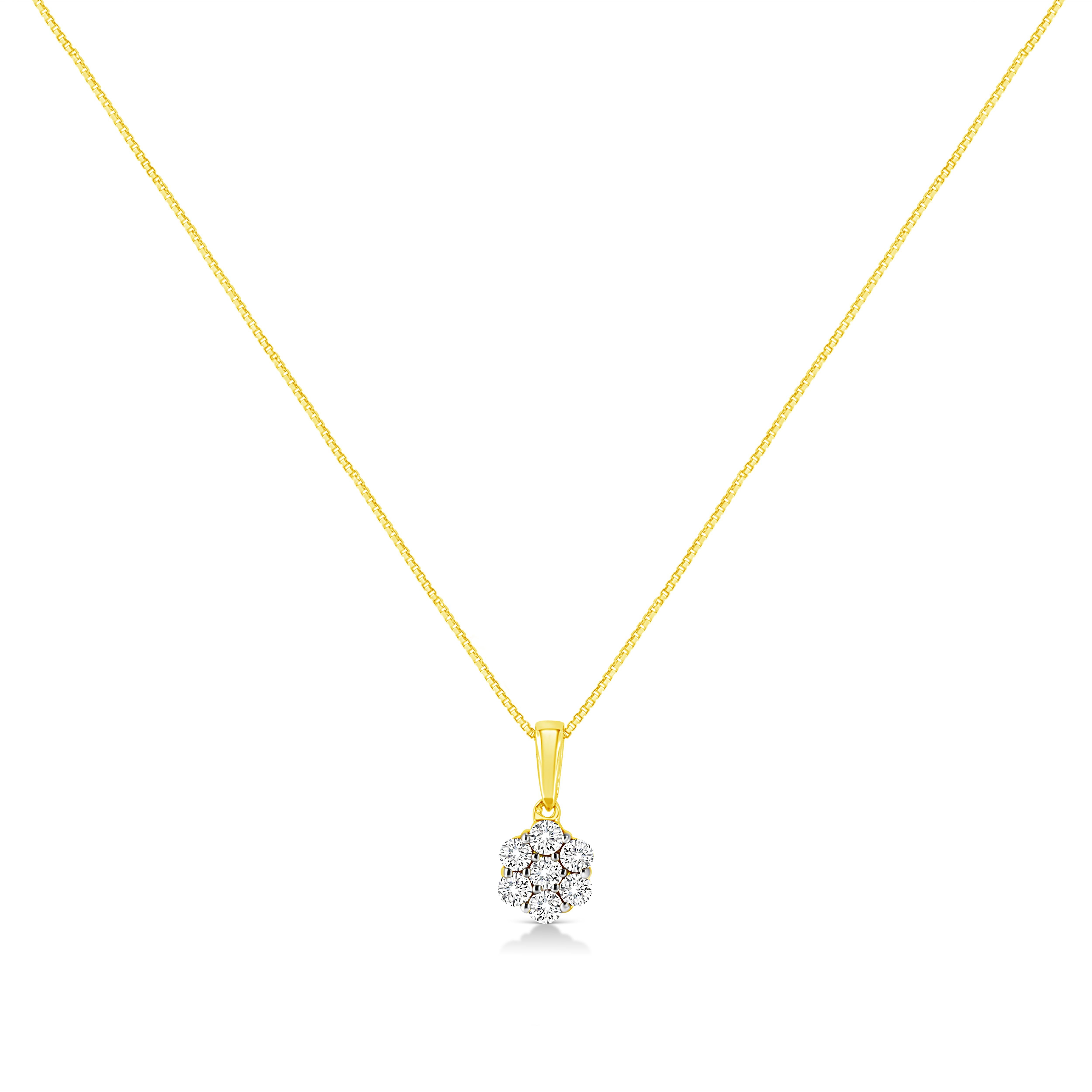 Add a floral touch to your everyday jewelry wear with this chic 1/4 cttw diamond cluster pendant. This necklace boasts 7 natural, round-cut diamonds in a flower motif that is created in genuine 14k Yellow Gold. The pendant hangs off of a 14k Yellow