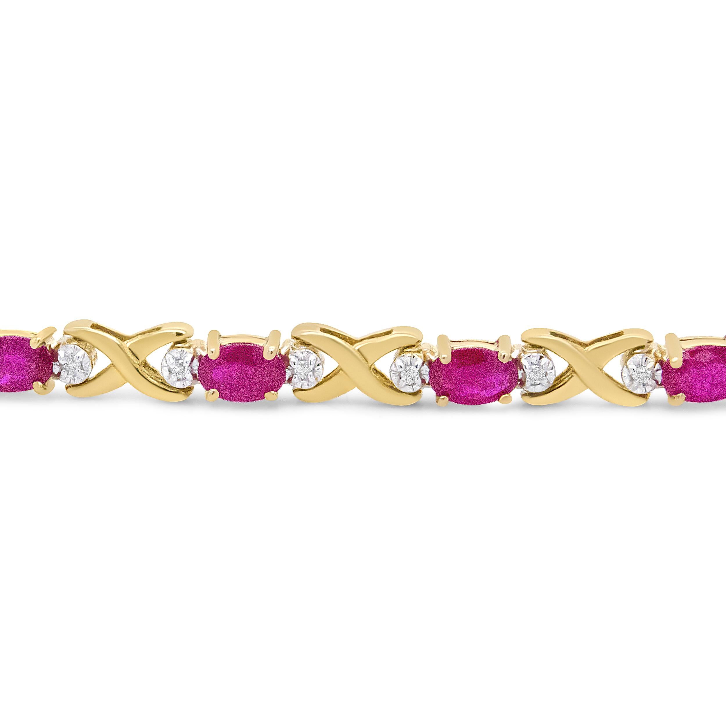 Contemporary 14K Yellow Gold 1/4 Carat Diamond and Oval Red Ruby Alternating X Link Bracelet