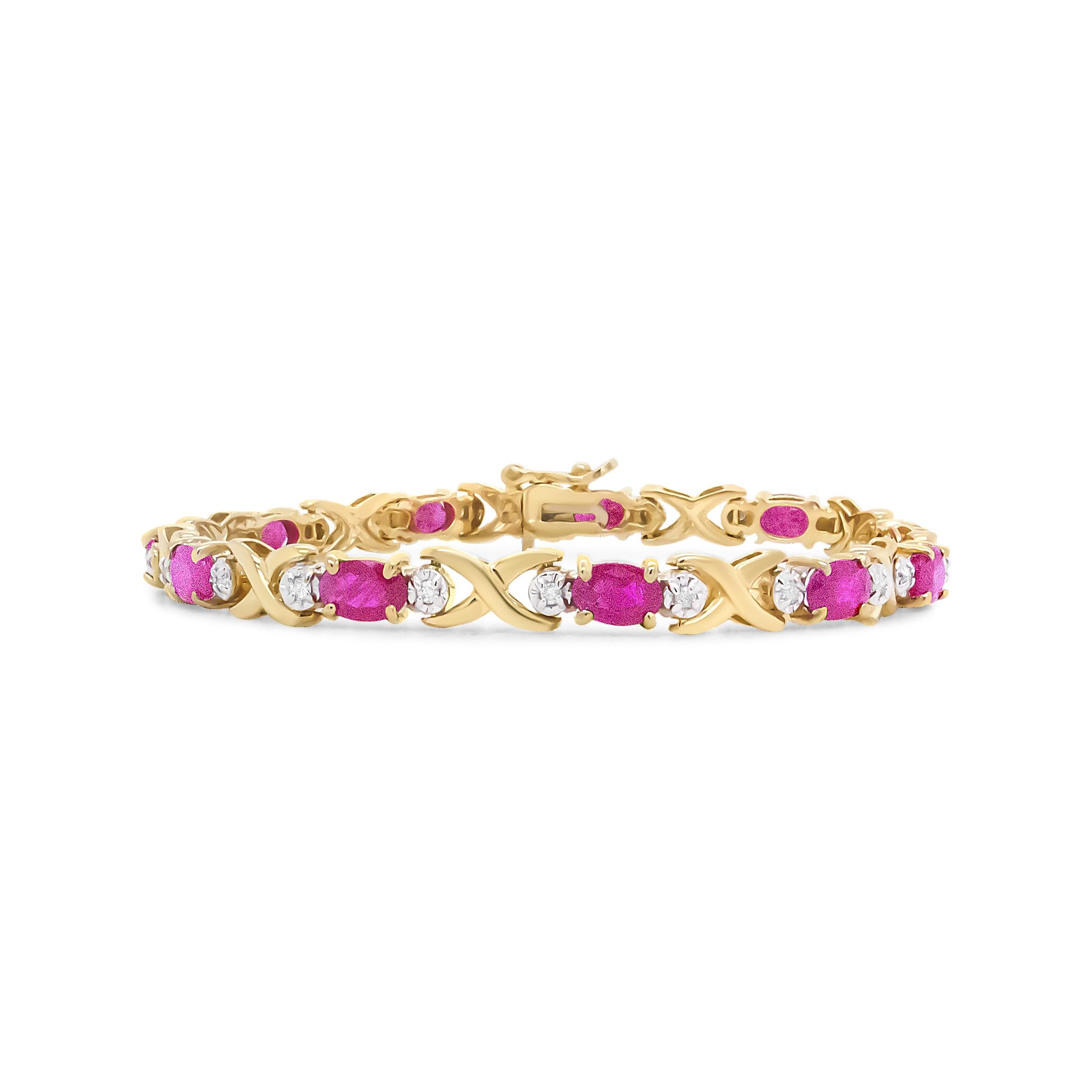 Oval Cut 14K Yellow Gold 1/4 Carat Diamond and Oval Red Ruby Alternating X Link Bracelet
