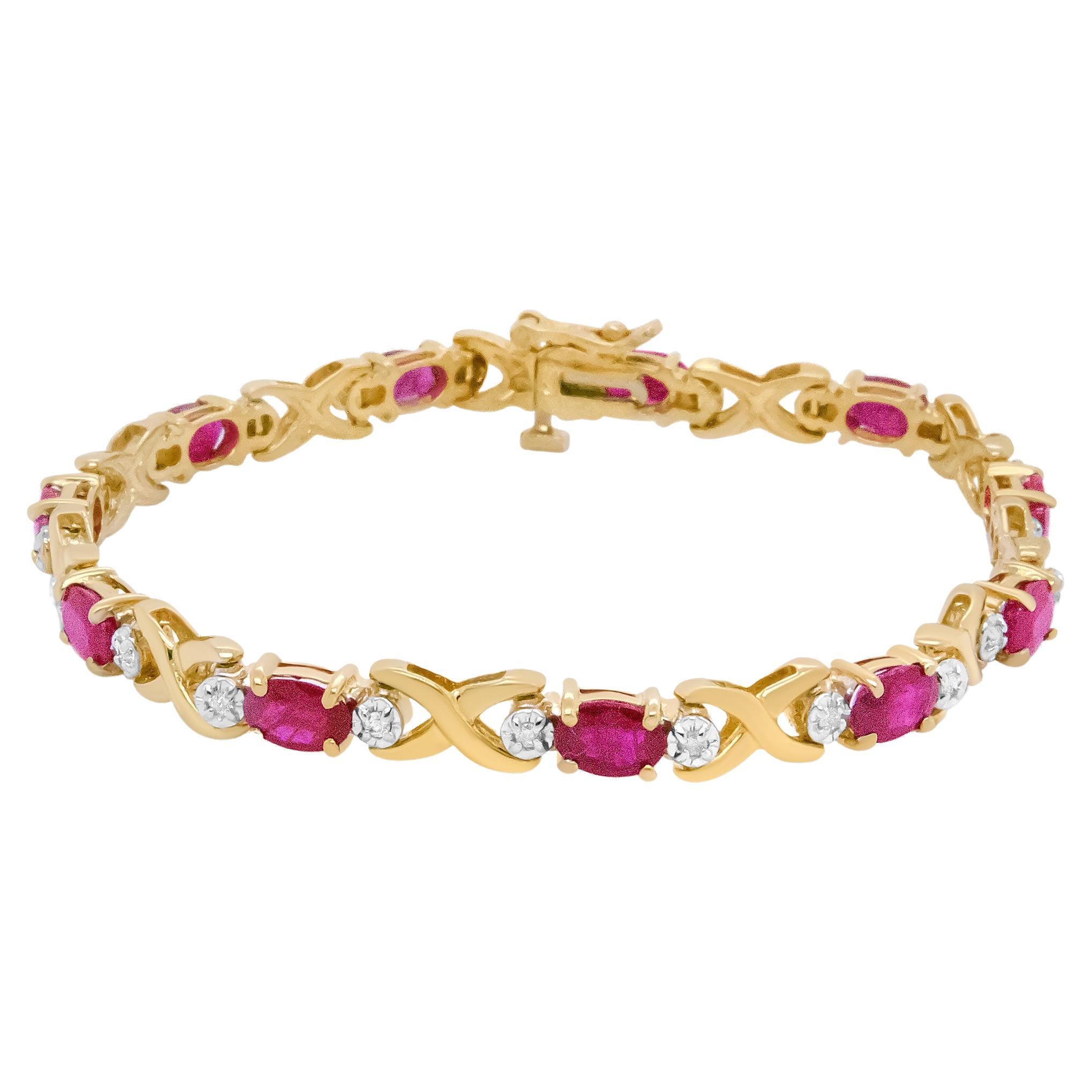 14K Yellow Gold 1/4 Carat Diamond and Oval Red Ruby Alternating X Link Bracelet