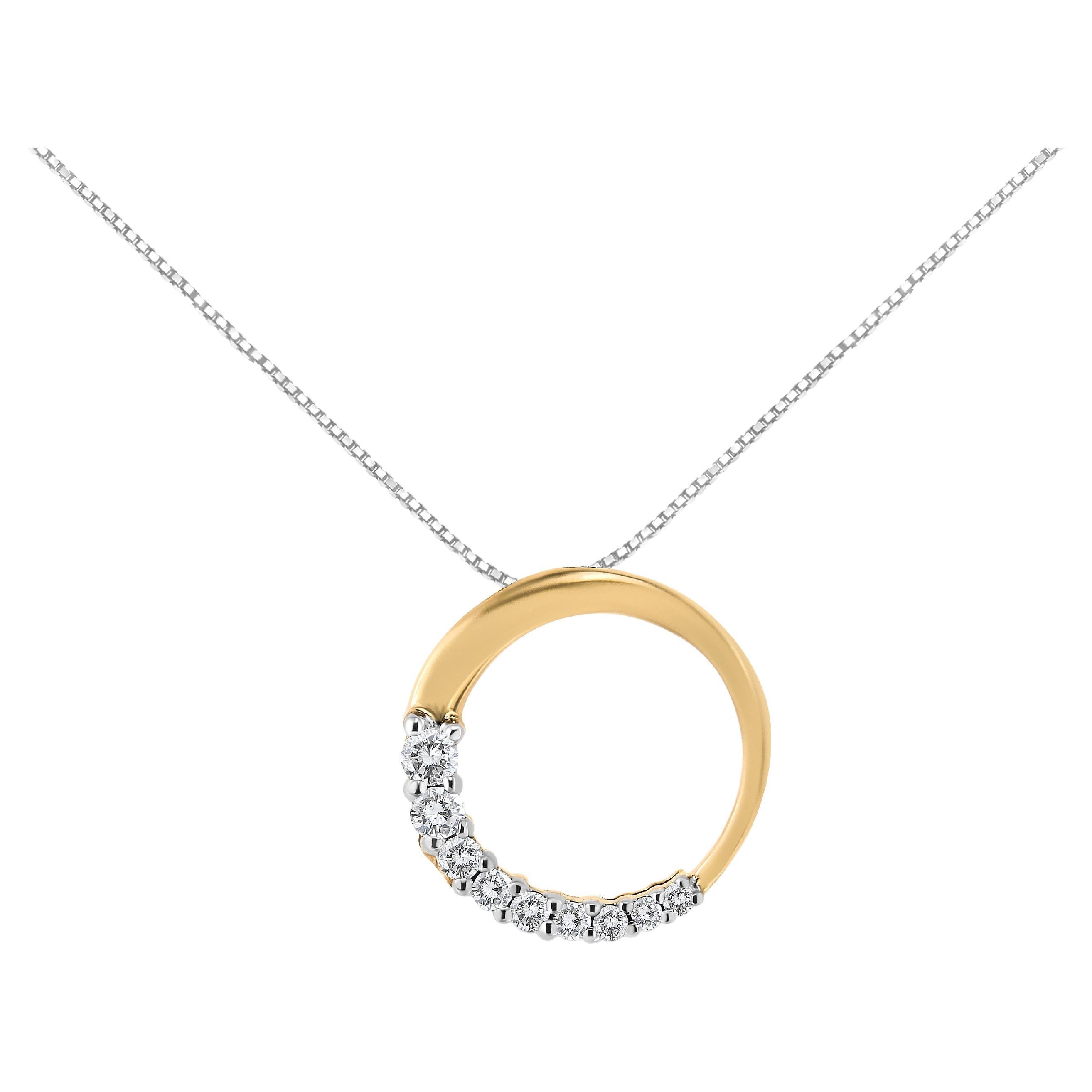 14K Yellow Gold 1/4 Carat Graduating Diamond Open Circle Hoop Pendant Necklace For Sale