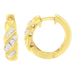 14K Yellow Gold 1/4 Cttw Alternating 3 Row Diamond Huggy Hoop Earrings