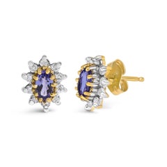 14K Yellow Gold 1/4 Cttw Diamond and Blue Purple Tanzanite Sunburst Stud Earring