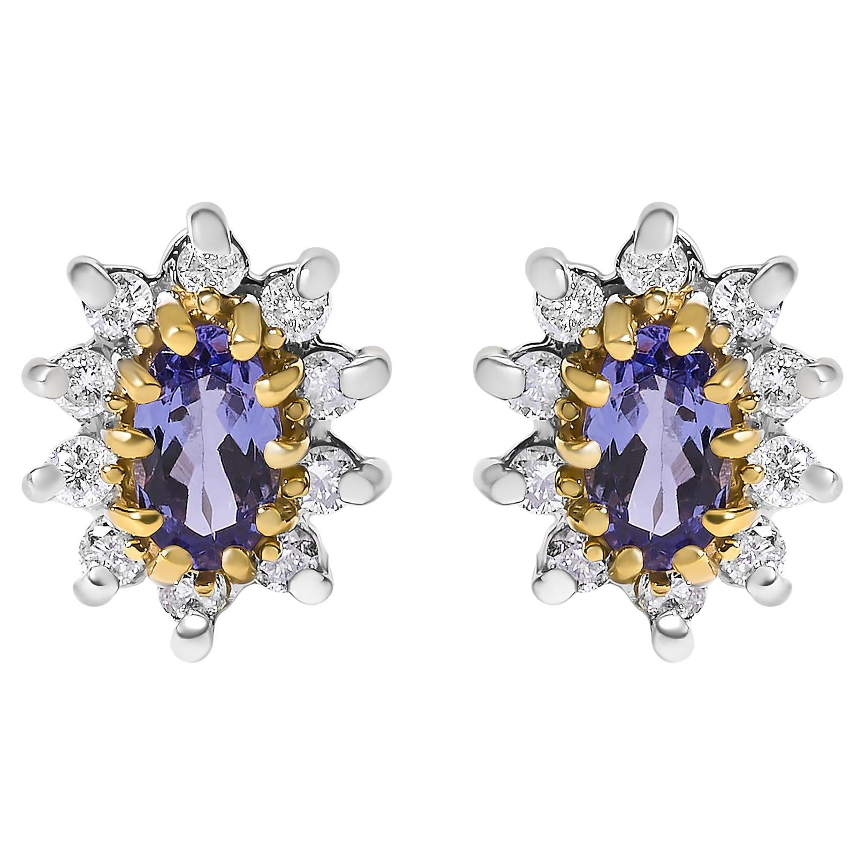 Orecchino con perno in oro giallo 14K con diamante da 1/4 di carato e tanzanite blu-viola in vendita
