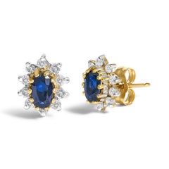 14K Yellow Gold 1/4 Cttw Diamond and Blue Sapphire Sunburst Halo Stud Earrings