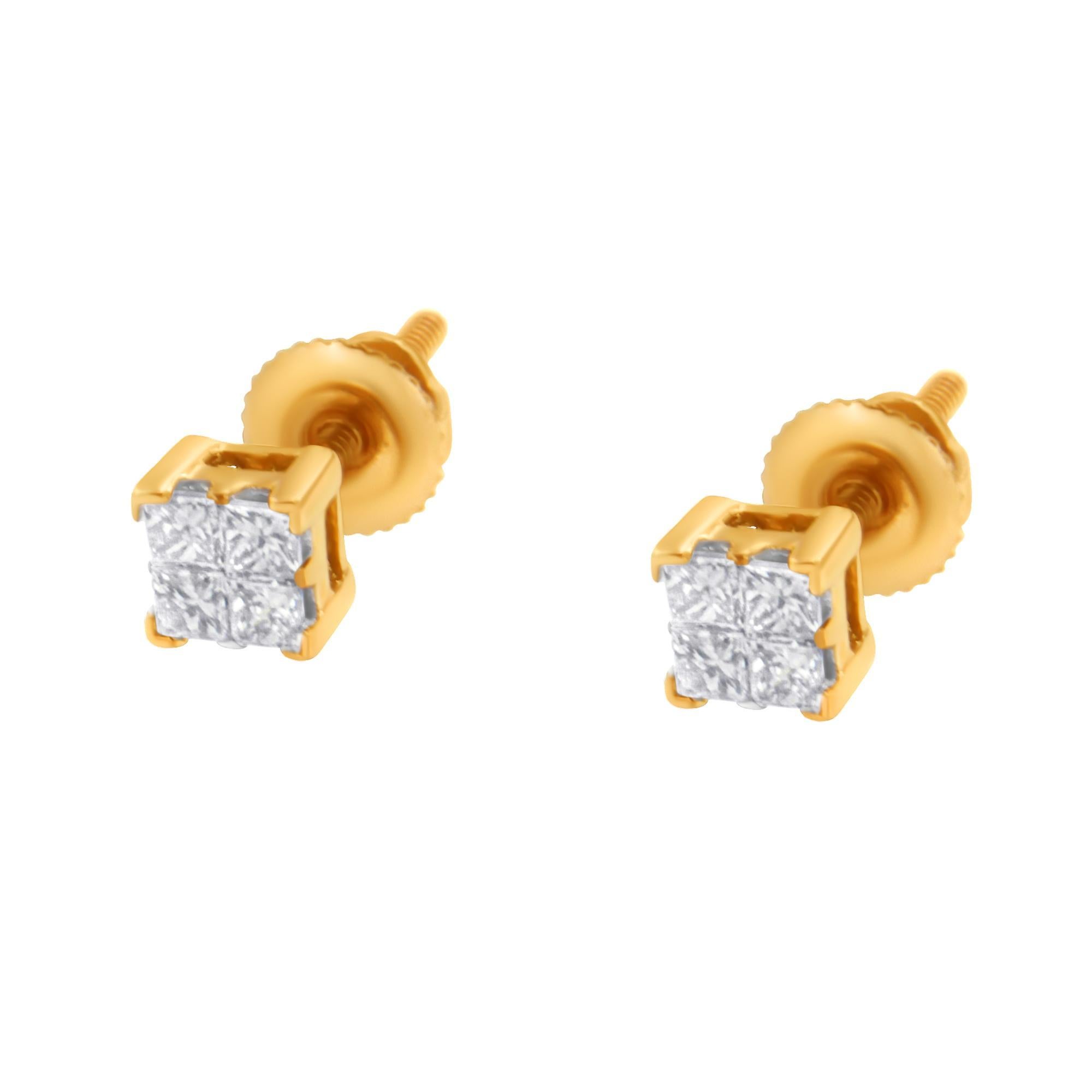 Taille princesse Boucles d'oreilles carrées en or jaune 14K avec sertissage invisible de 1/4 Cttw de diamant taille princesse