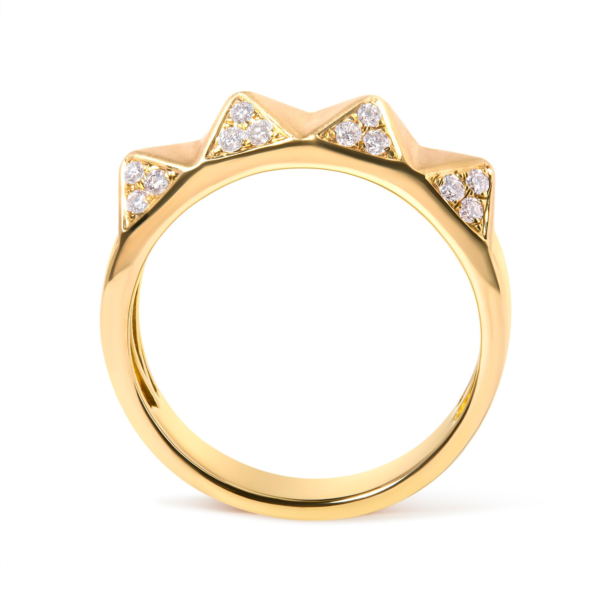 Encircle your finger with the epitome of elegance wrapped in modern geometry. This 14K yellow from its gleaming band to the crystalline peaks that beckon the touch. Each facet of the meticulously crafted pyramid pattern is studded with natural white