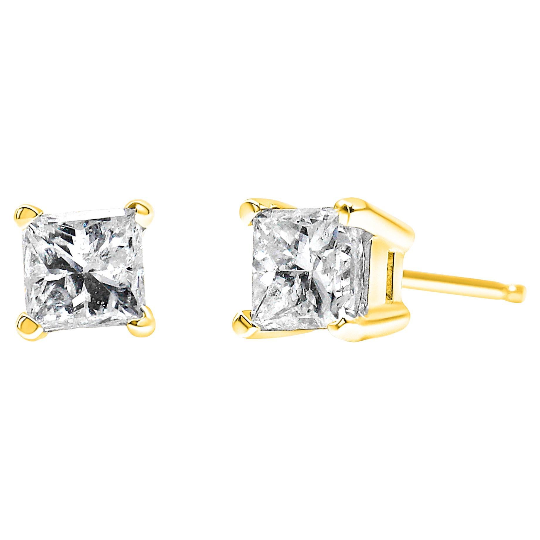 14K Yellow Gold 1/4 Ctw Colorless Princess Diamond Square 4-Prong Stud Earring
