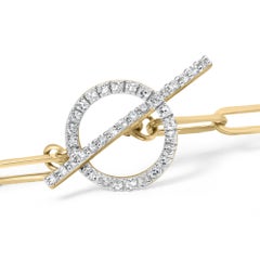 14K Yellow Gold 1/4ct Cttw Diamond Bar and Hoop Toggle Paperclip Chain Bracelet
