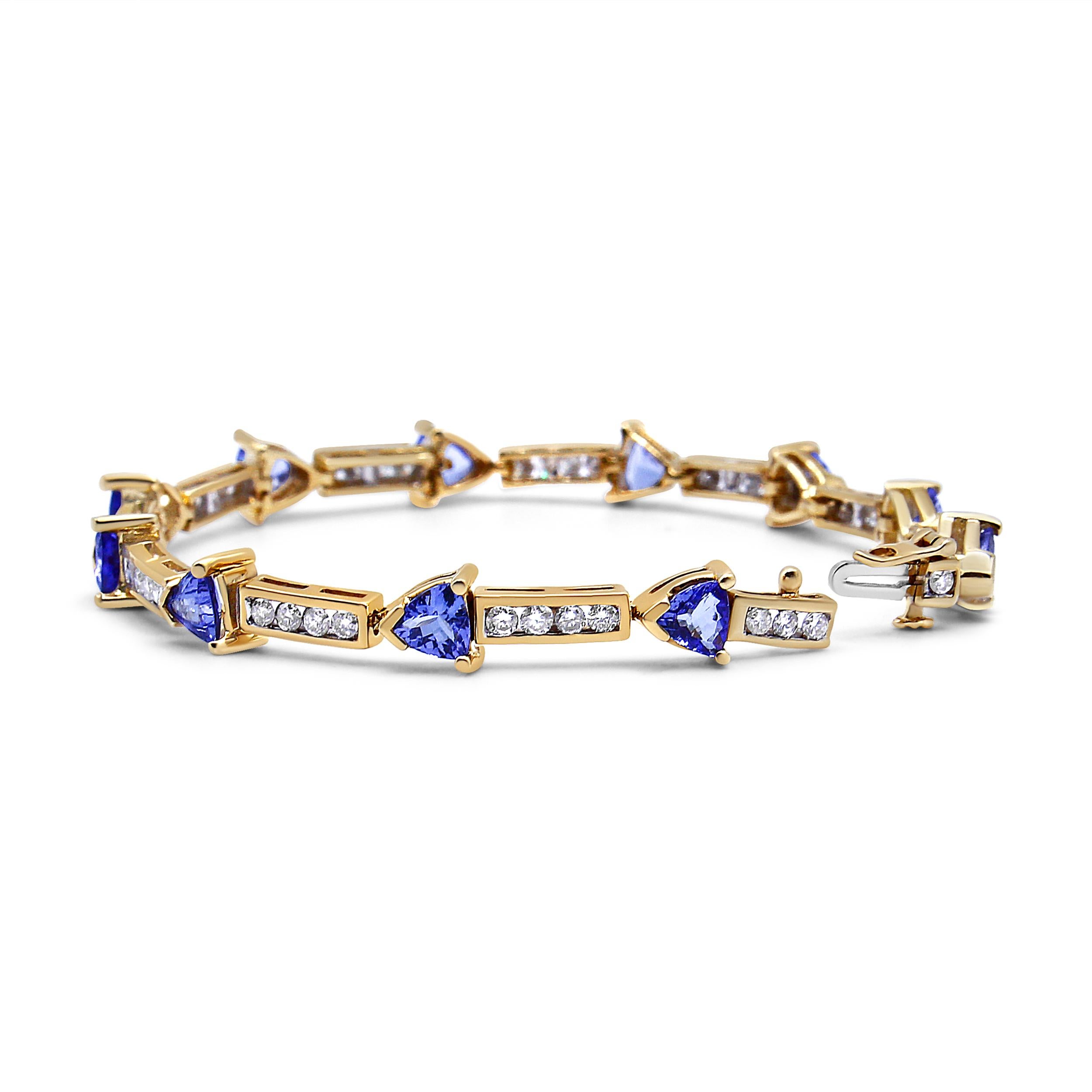 Express your style and sophistication with this alluring tanzanite and diamond link bracelet for her. Glistening 5mm trillion tanzanite gemstones alternate with beautiful 1 5/8 Cttw round diamonds in a signature pattern. Boasting an intricate design