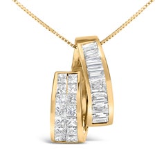 14K Yellow Gold 1 5/8 Ctw Princess and Baguette Diamond Duo Bar Pendant Necklace