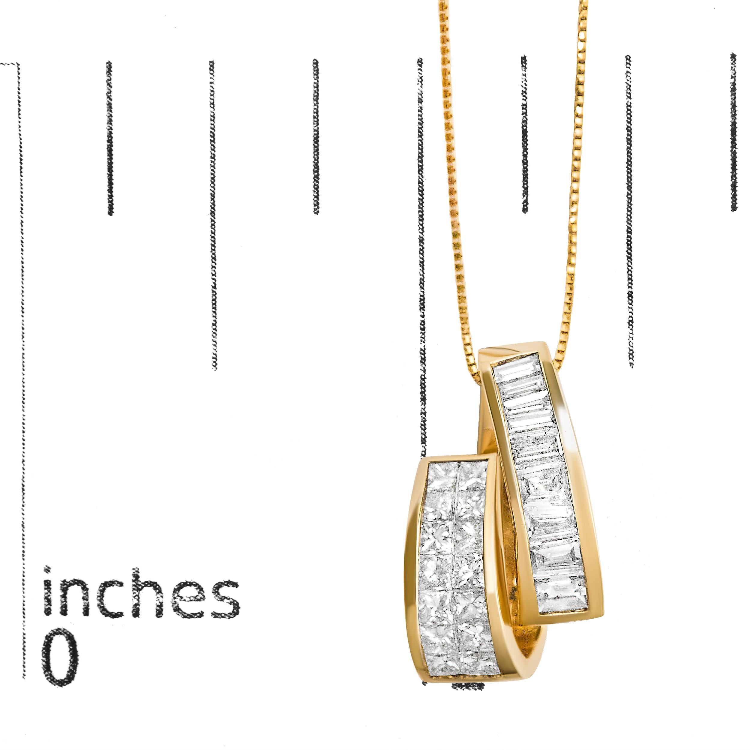 Taille baguette Collier pendentif en or jaune 14 carats avec diamants princesses et baguettes de 1 5/8 carat en vente
