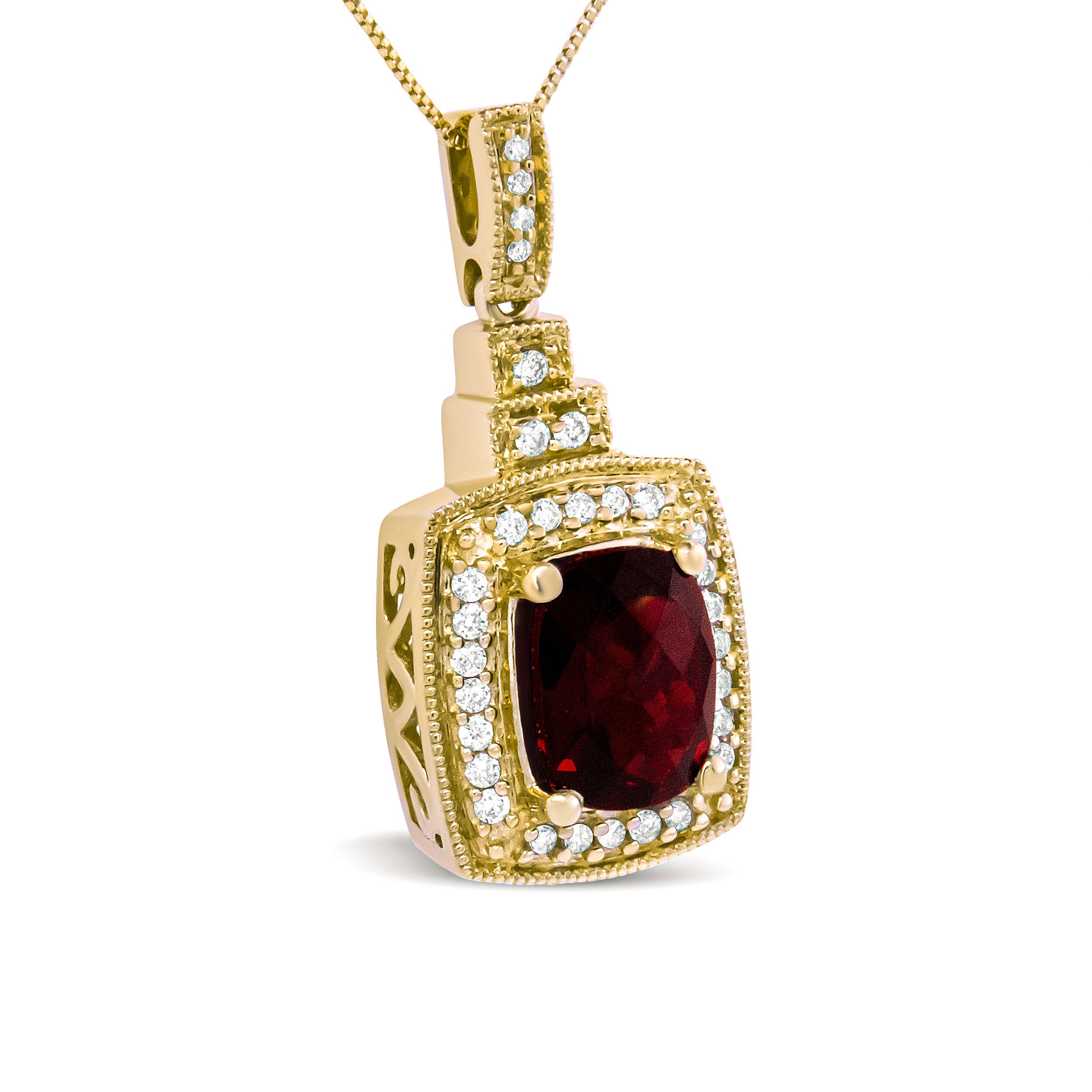 Introducing an exquisite pendant necklace that radiates elegance and sophistication, showcasing a captivating red garnet as its crowning jewel. Set in lustrous 14k yellow gold, the 9x7mm cushion-shaped, checkerboard-cut garnet steals the spotlight