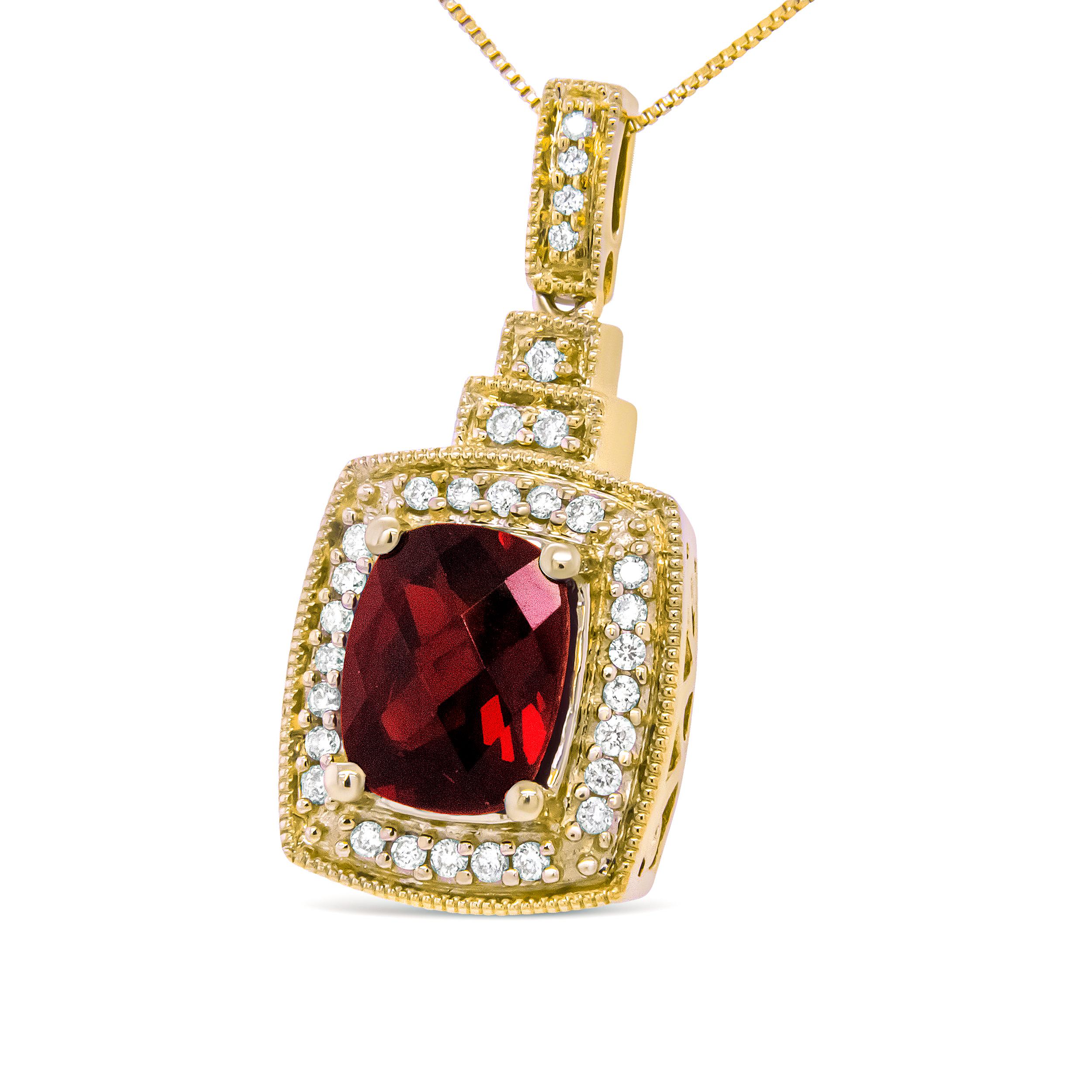 Contemporary 14K Yellow Gold 1/5 Carat Diamond and Red Garnet Halo Pendant Necklace