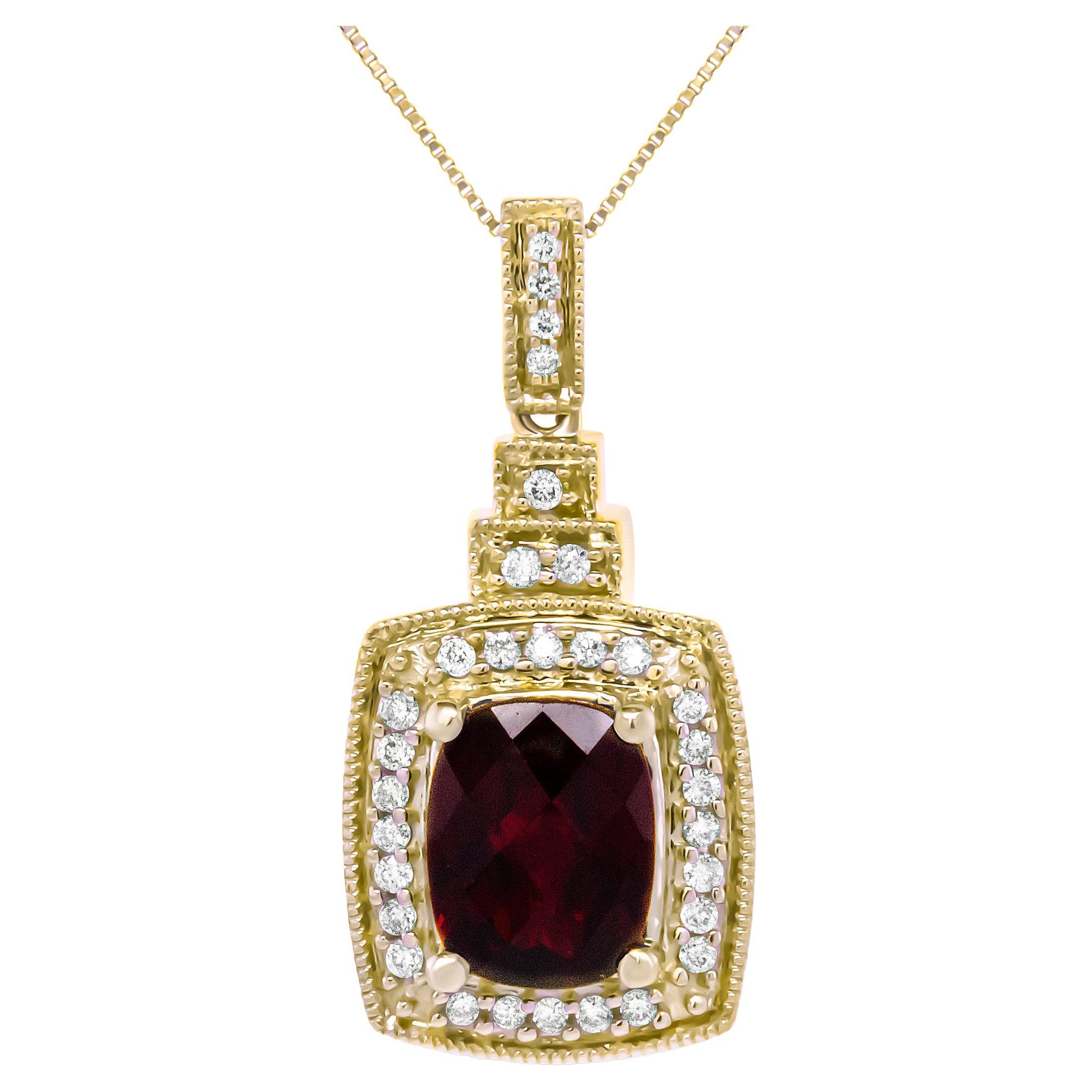 14K Yellow Gold 1/5 Carat Diamond and Red Garnet Halo Pendant Necklace