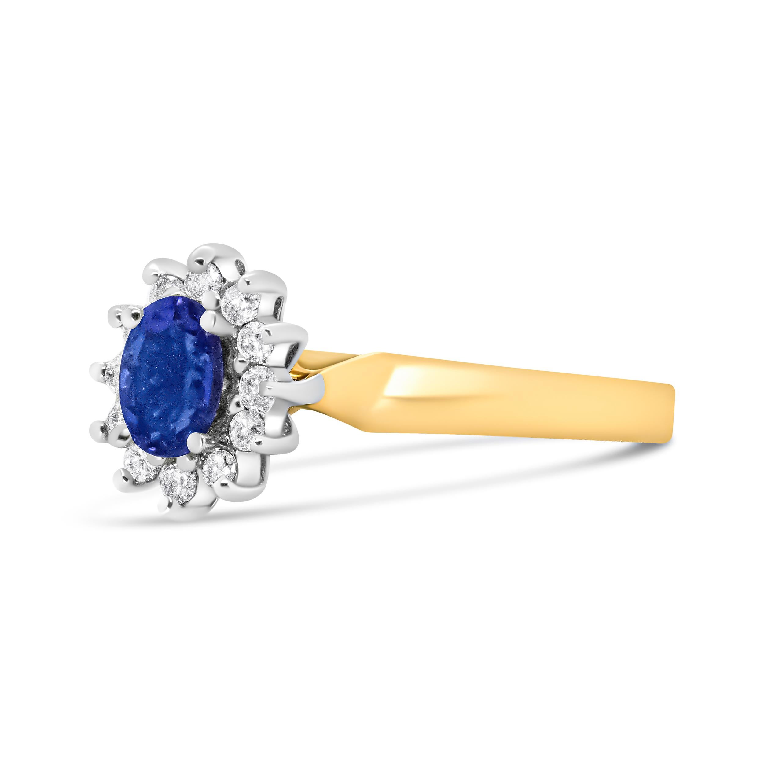 Contemporary 14K Yellow Gold 1/5 Carat Round Diamond and Oval Blue Tanzanite Halo Ring For Sale