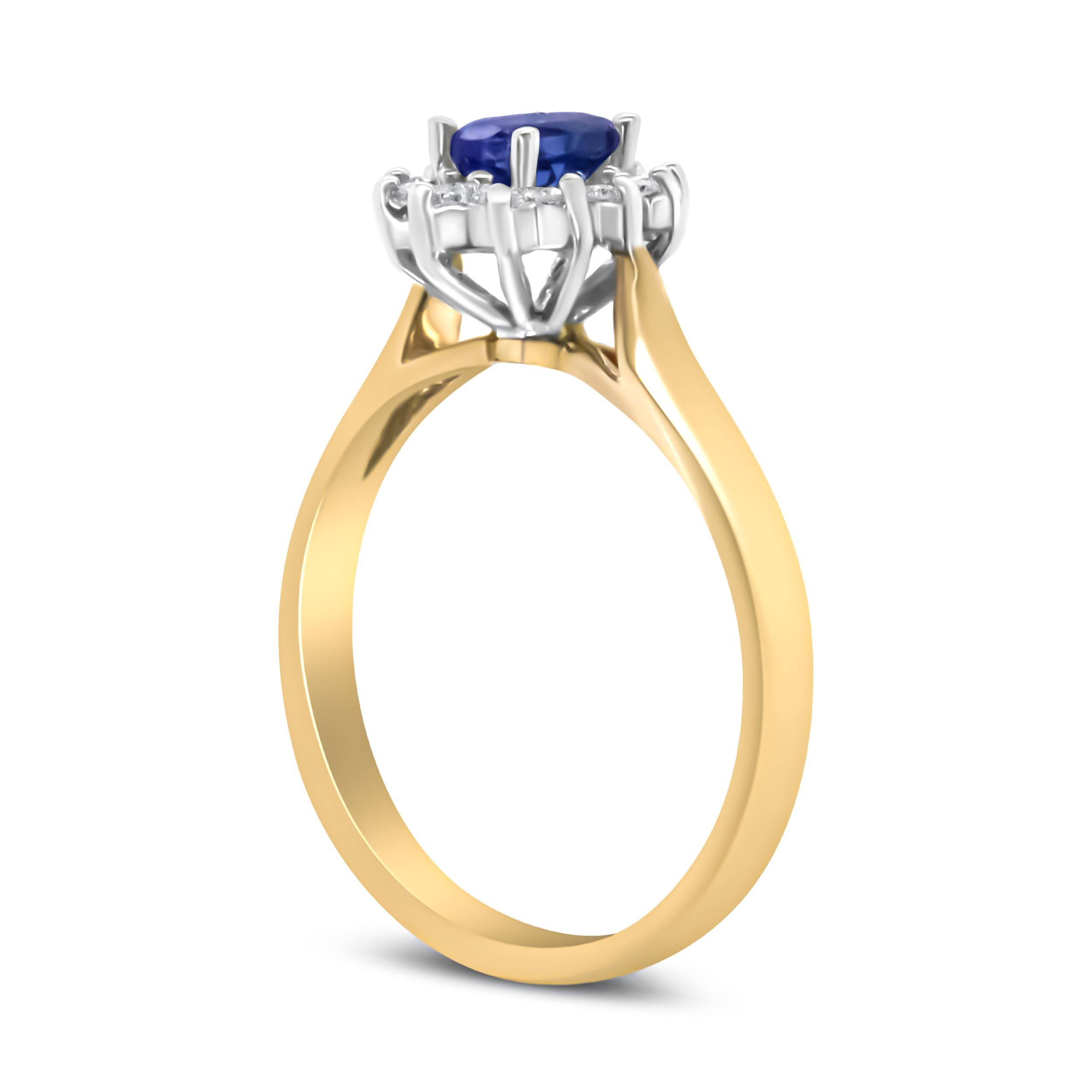 Oval Cut 14K Yellow Gold 1/5 Carat Round Diamond and Oval Blue Tanzanite Halo Ring For Sale