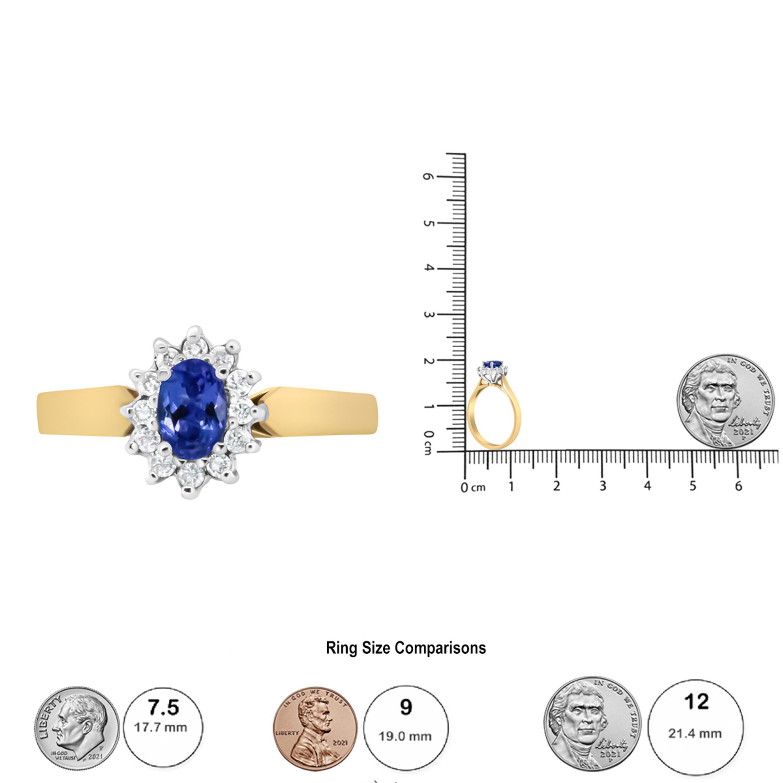 Women's 14K Yellow Gold 1/5 Carat Round Diamond and Oval Blue Tanzanite Halo Ring For Sale
