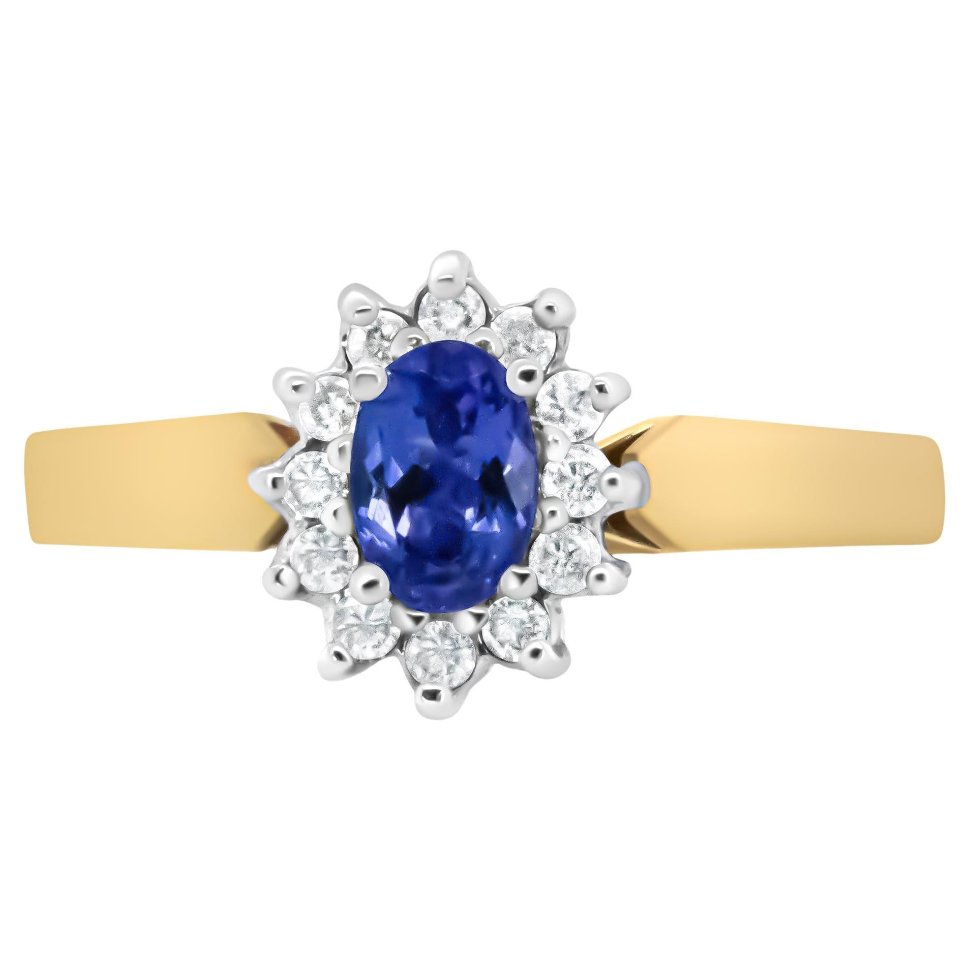 14K Yellow Gold 1/5 Carat Round Diamond and Oval Blue Tanzanite Halo Ring For Sale