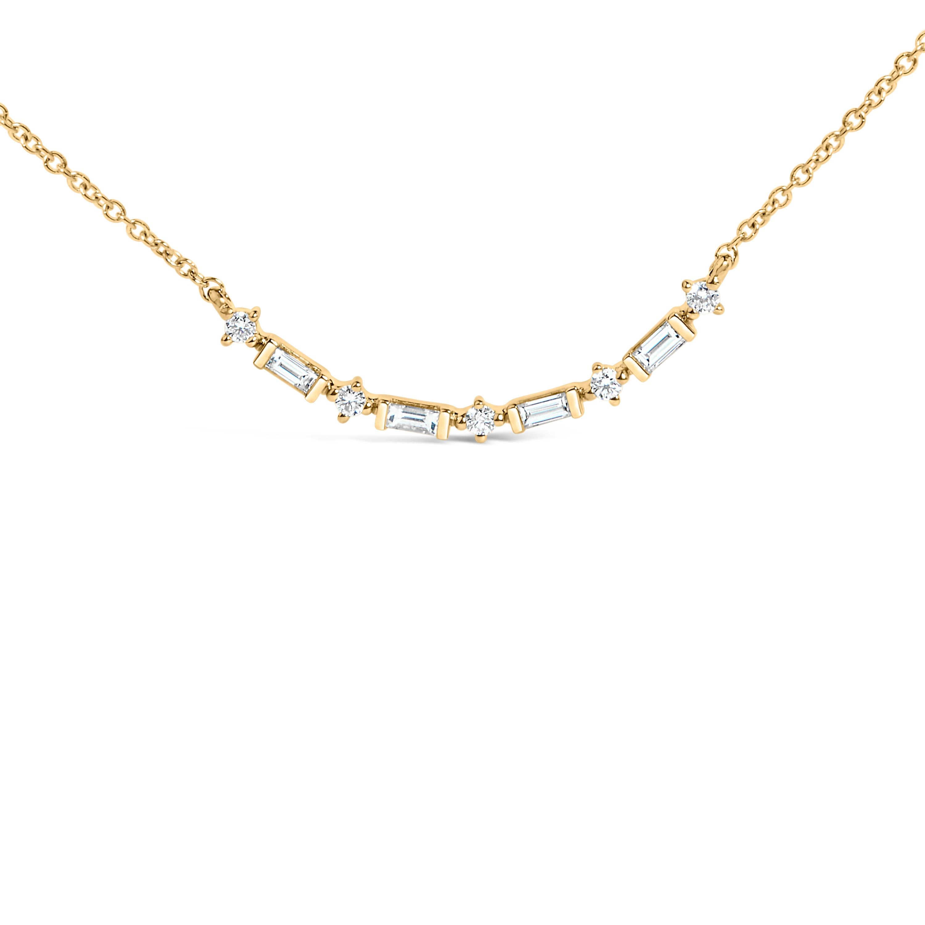 Round Cut 14K Yellow Gold 1/5 Cttw Diamond Mixed Shape Curve Bar Pendant Necklace- 18