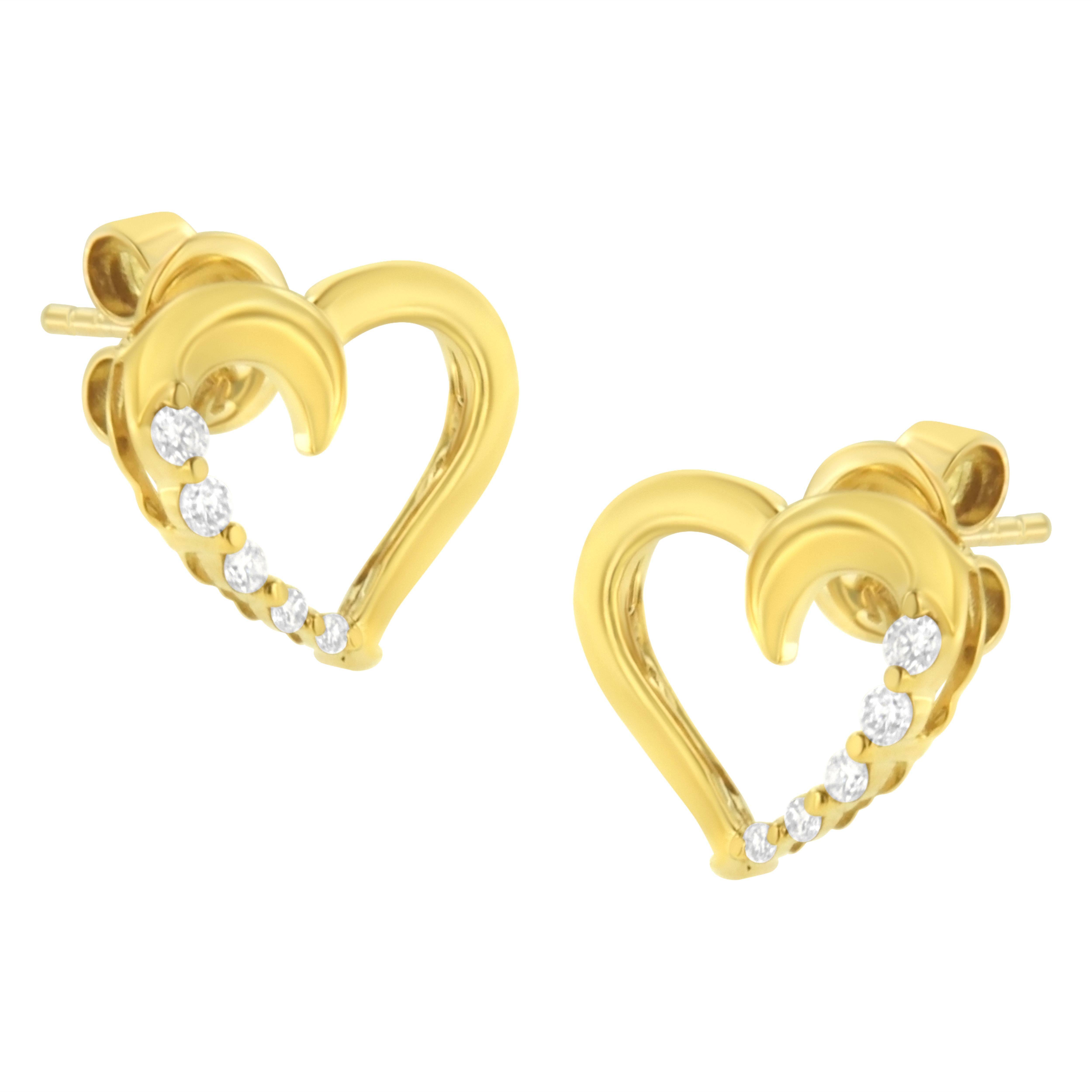 Modern 14K Yellow Gold 1/8 Cttw Diamond Journey Heart Hoop Earrings For Sale