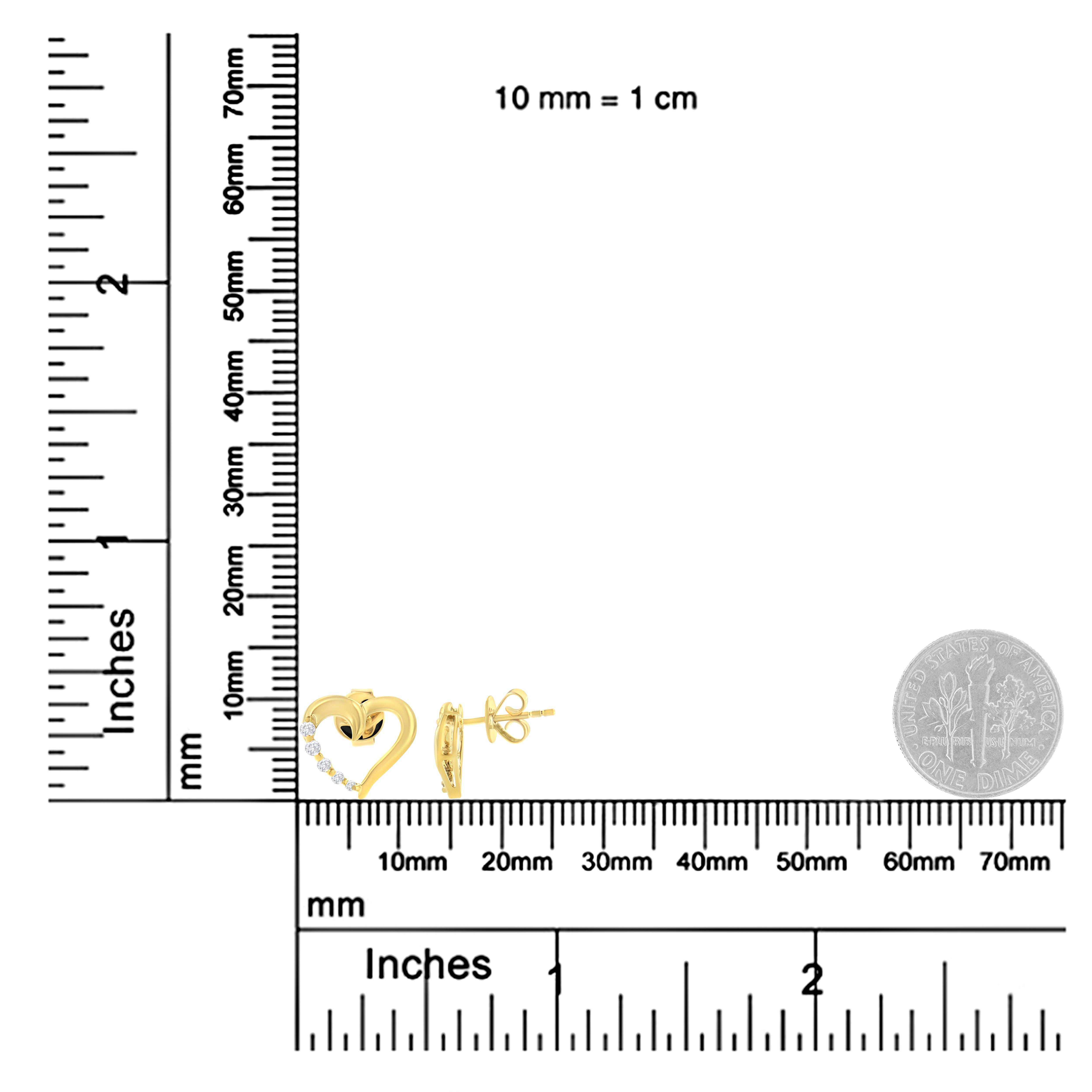 Round Cut 14K Yellow Gold 1/8 Cttw Diamond Journey Heart Hoop Earrings For Sale