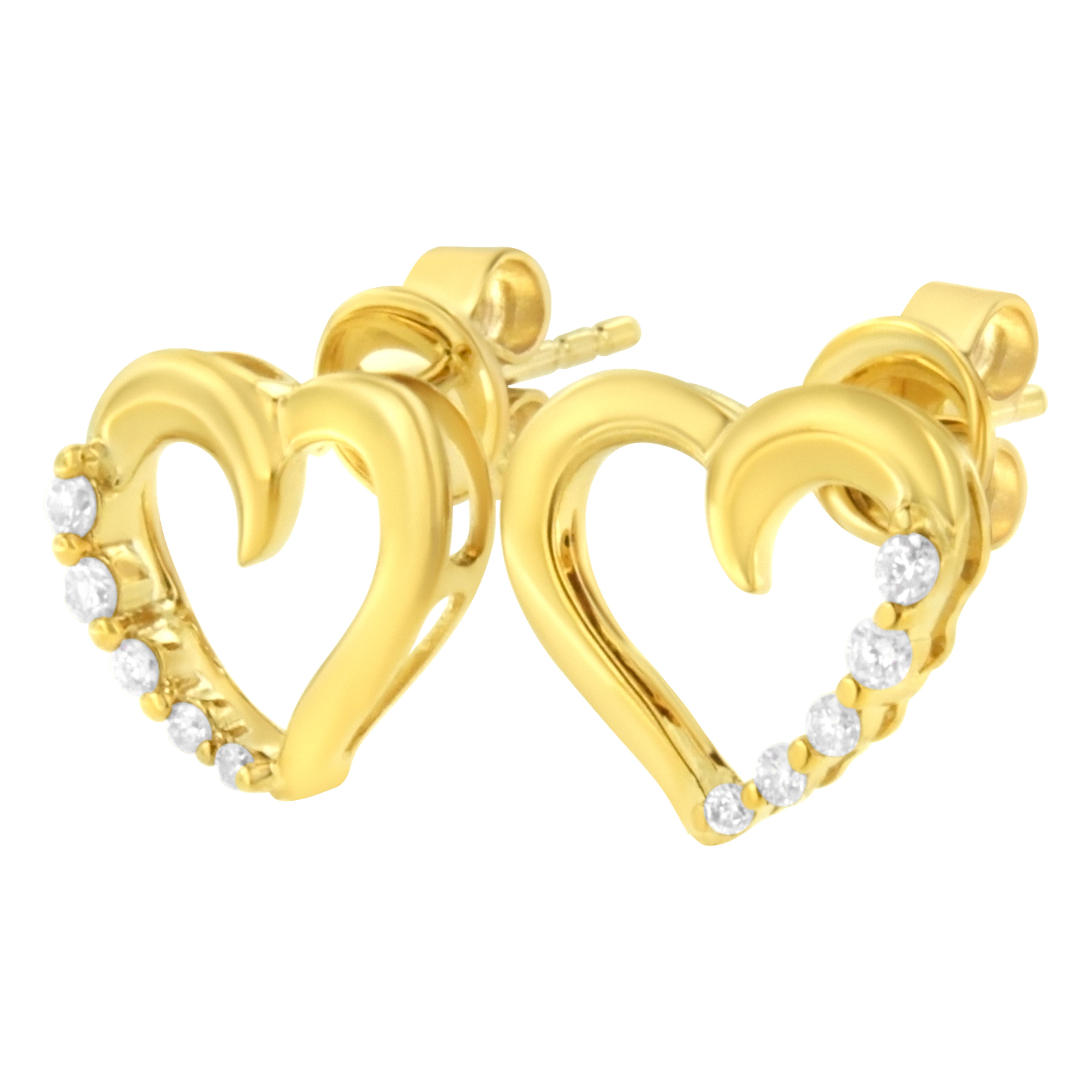 Round Cut 14K Yellow Gold 1/8 Cttw Diamond Journey Heart Hoop Earrings For Sale