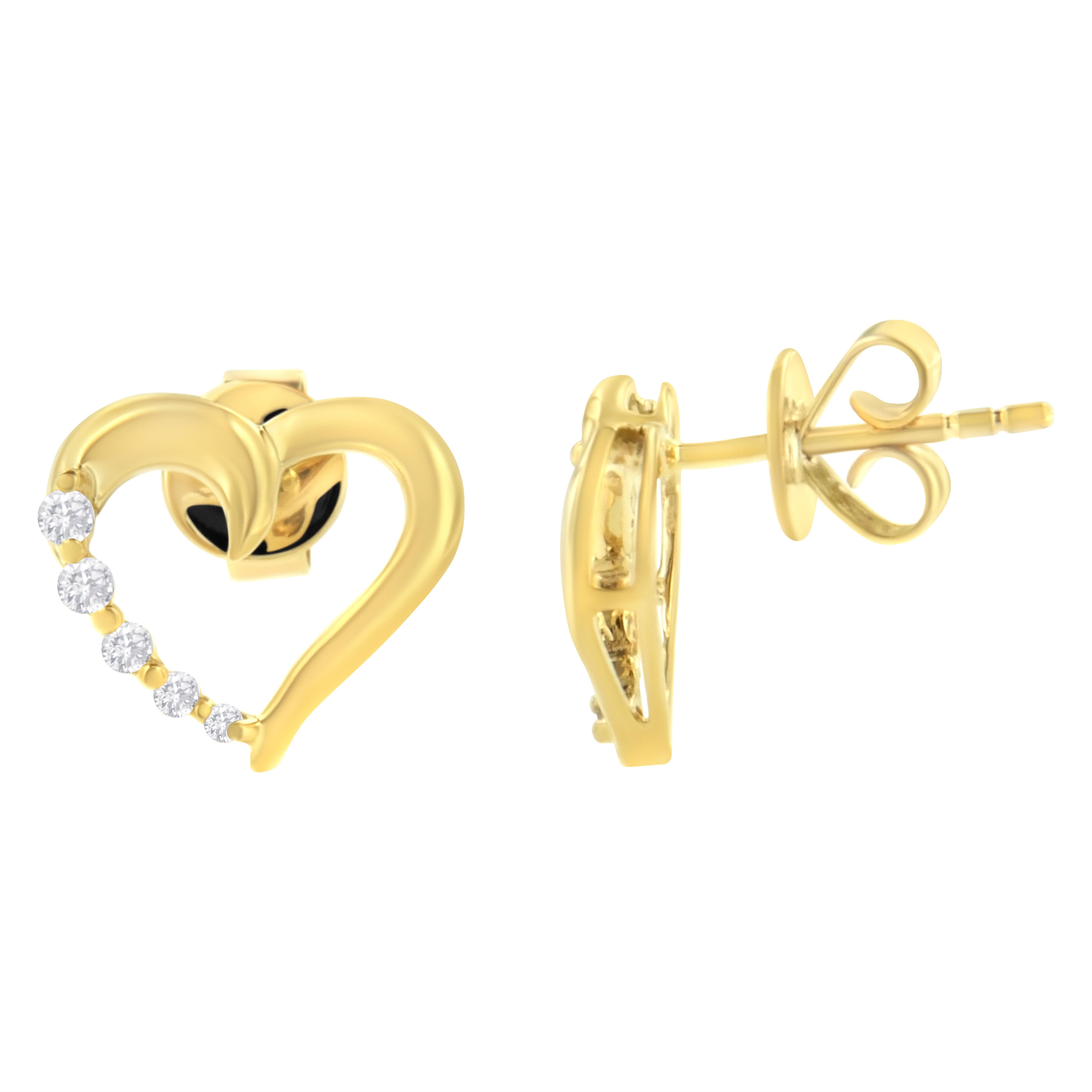 Women's or Men's 14K Yellow Gold 1/8 Cttw Diamond Journey Heart Hoop Earrings For Sale