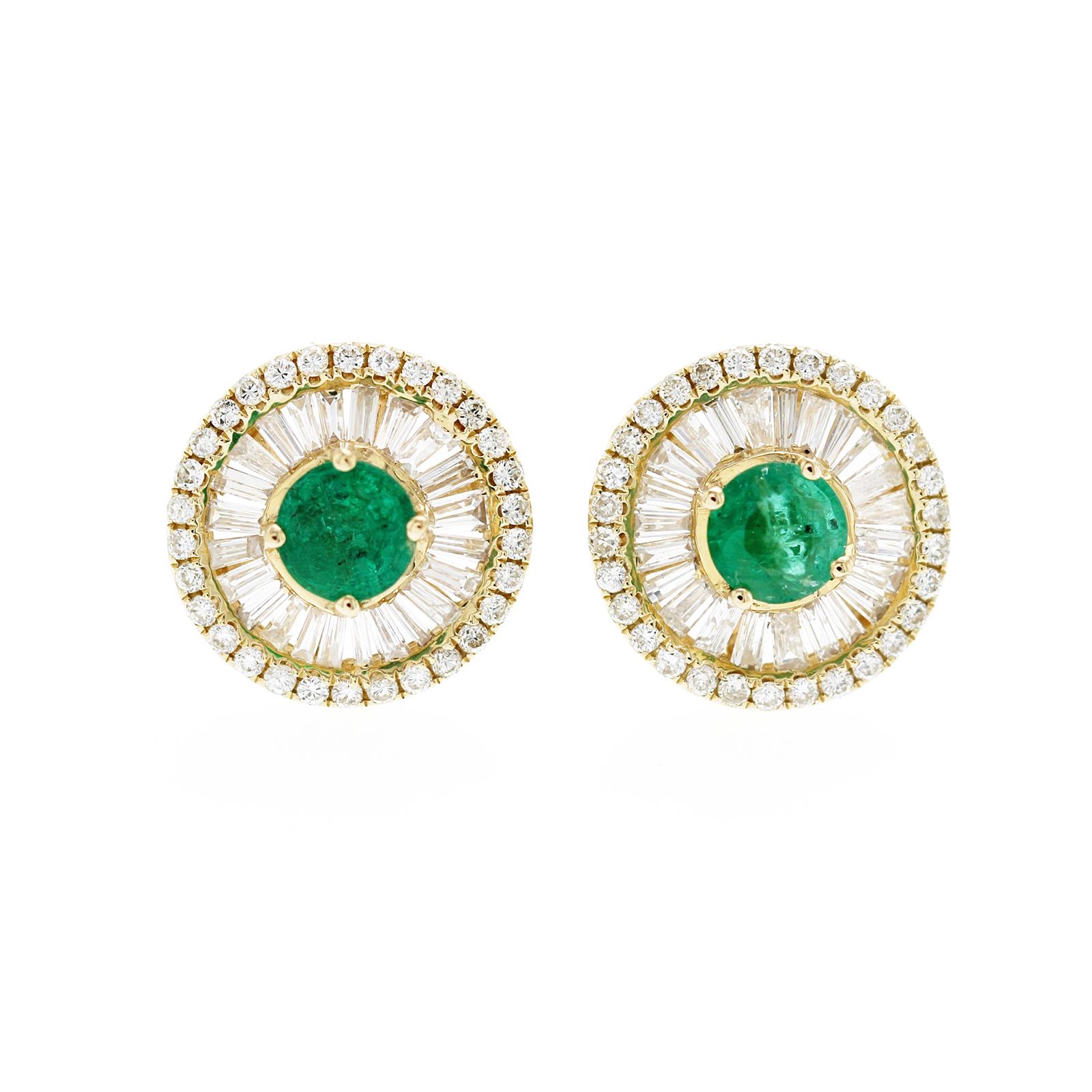 Round Cut 14K Yellow Gold 1 CT Natural Emerald and 1.12CT Diamonds Stud Earrings For Sale